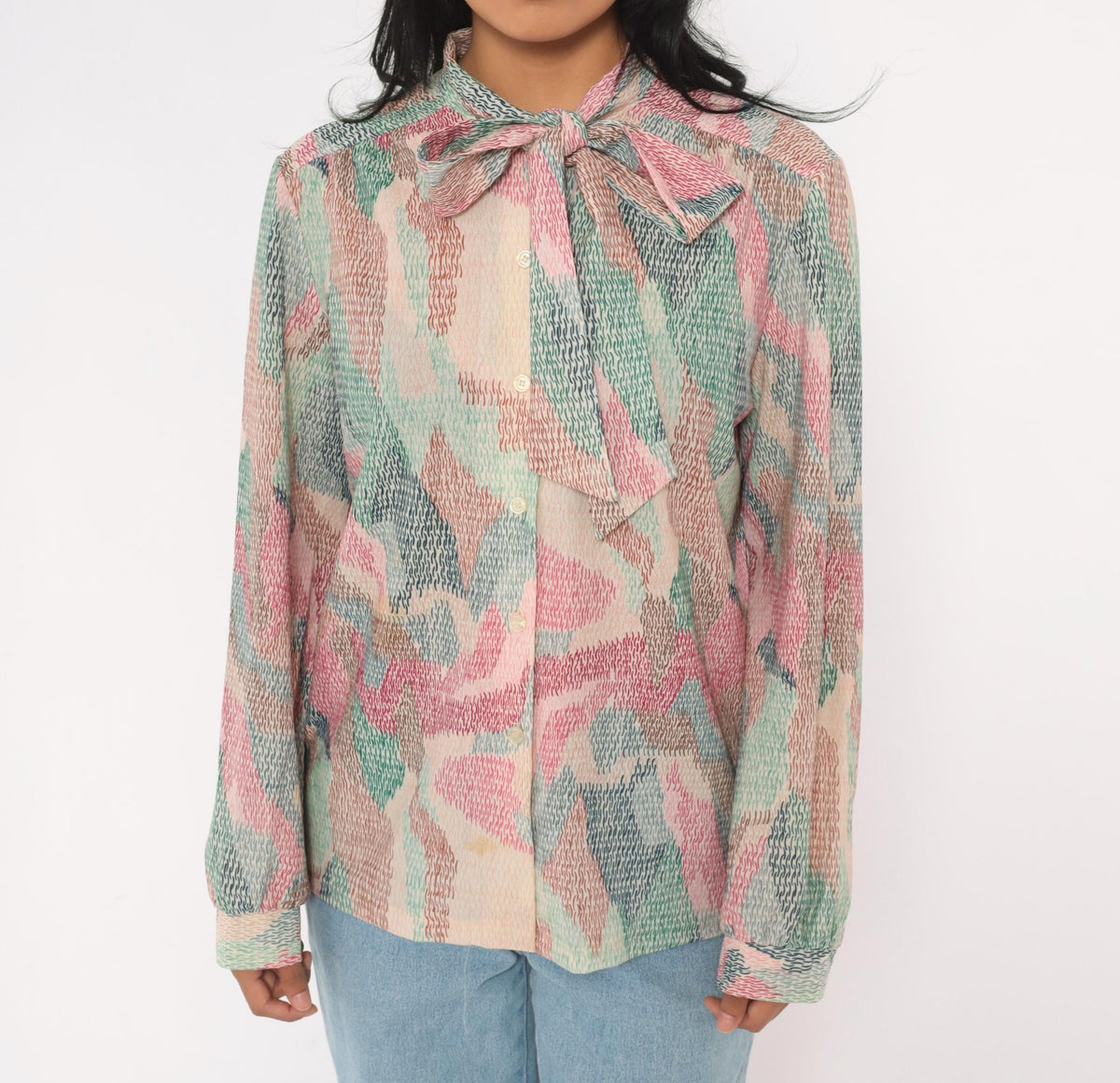 70s Devon Abstract Print Blouse Pink Bow Tie Neck Button Front Medium