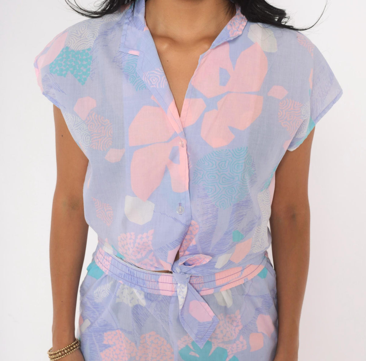 80s Hilo Hatties Purple Floral Two Piece Shorts Set Hawaiian Playsuit Small