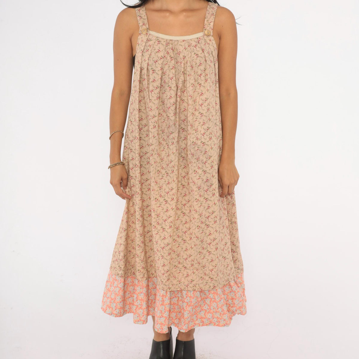 80s Floral Midi Sundress Beige Pink Cotton Square Neck Pleated Bodice Large