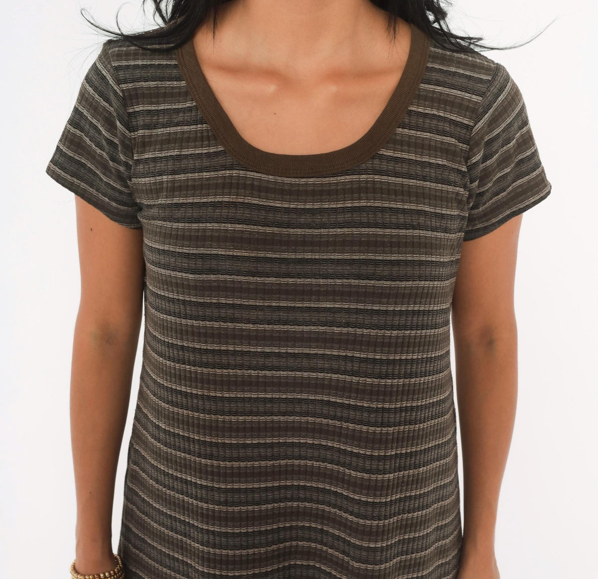 90s No Boundaries Striped Ribbed Knit Midi Dress Olive Brown Scoop Neck Large