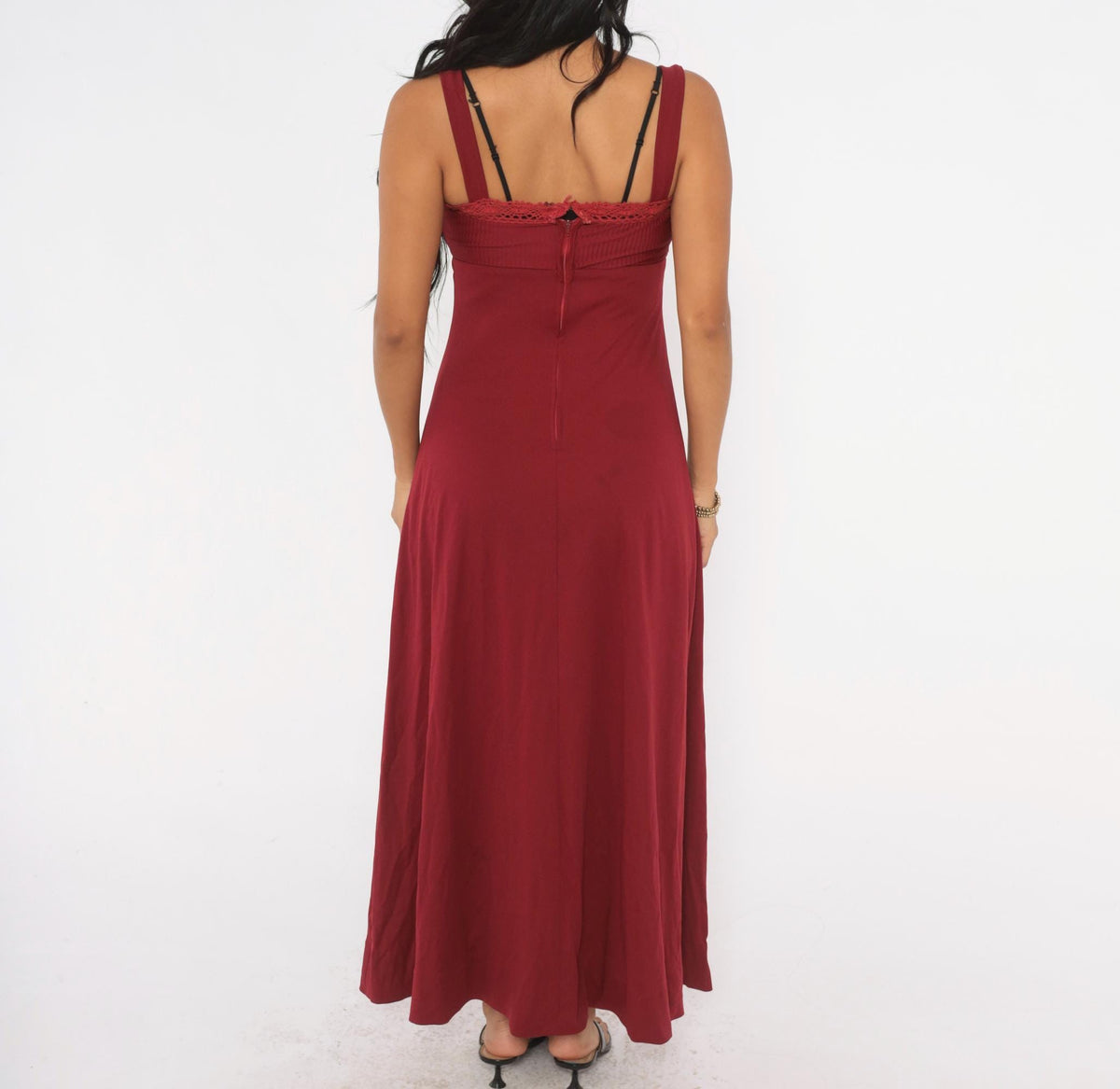 70s Burgundy Maxi Dress Empire Waist Crochet Trim Spaghetti Strap Extra Small XS