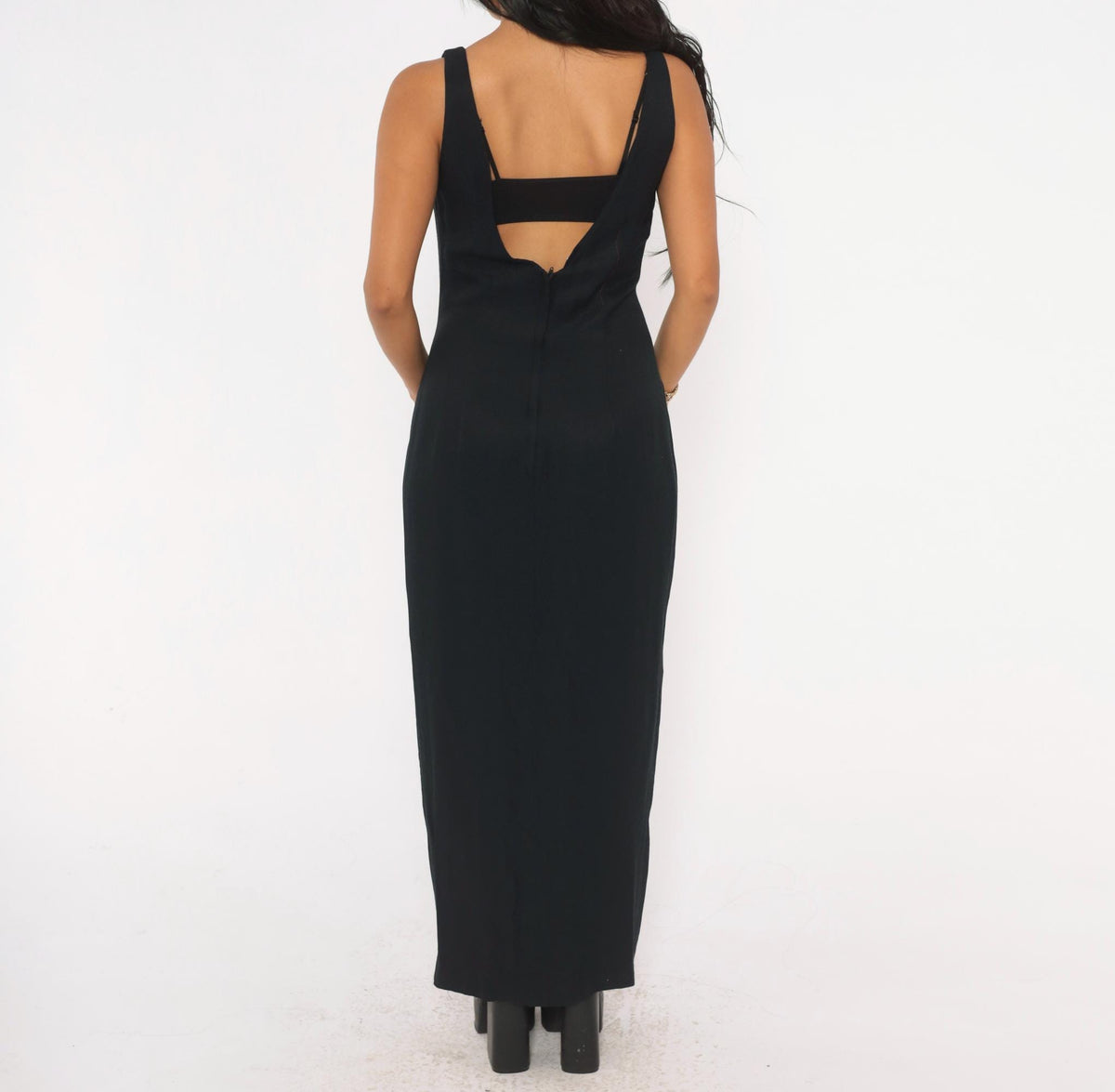 90s Gunne Sax Black Maxi Dress Sleeveless Scoop Neck Cutout Back Small S