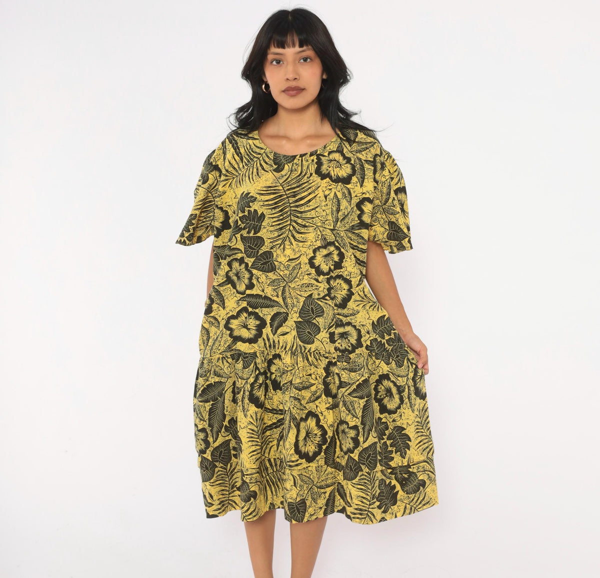 80s Yellow Black Hibiscus Tropical Floral Cotton Dress Flutter Sleeve Extra Large