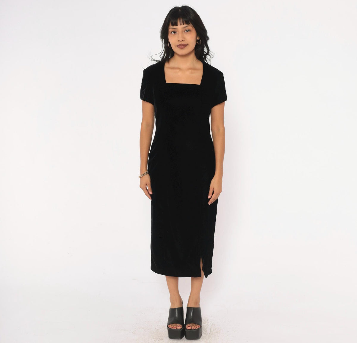 90s Sara Campbell Velvet Midi Dress Black Square Neck Short Sleeve Small S