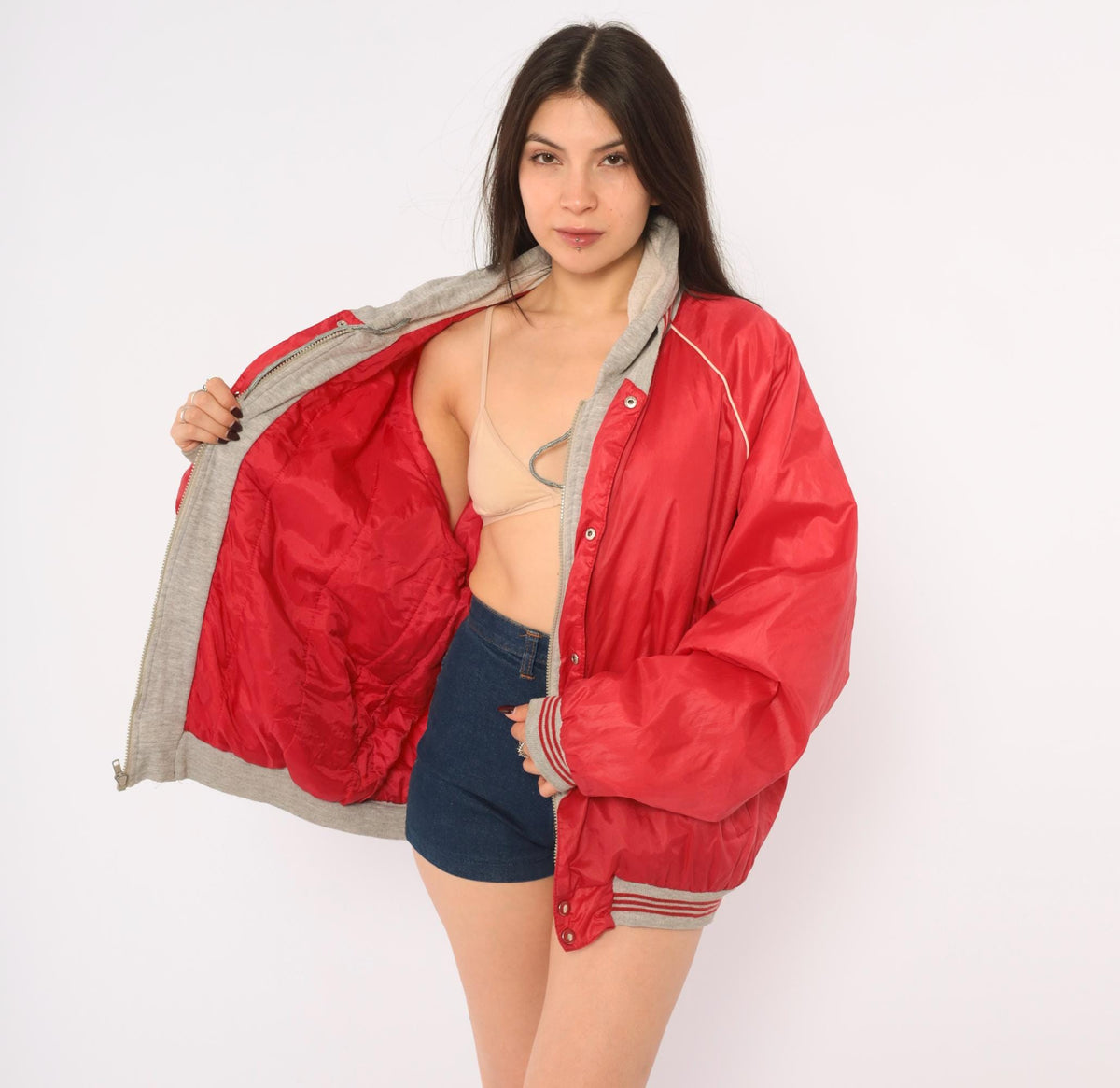 80s Bass Pro Shops Hooded Bomber Jacket Red Grey Raglan Windbreaker Medium