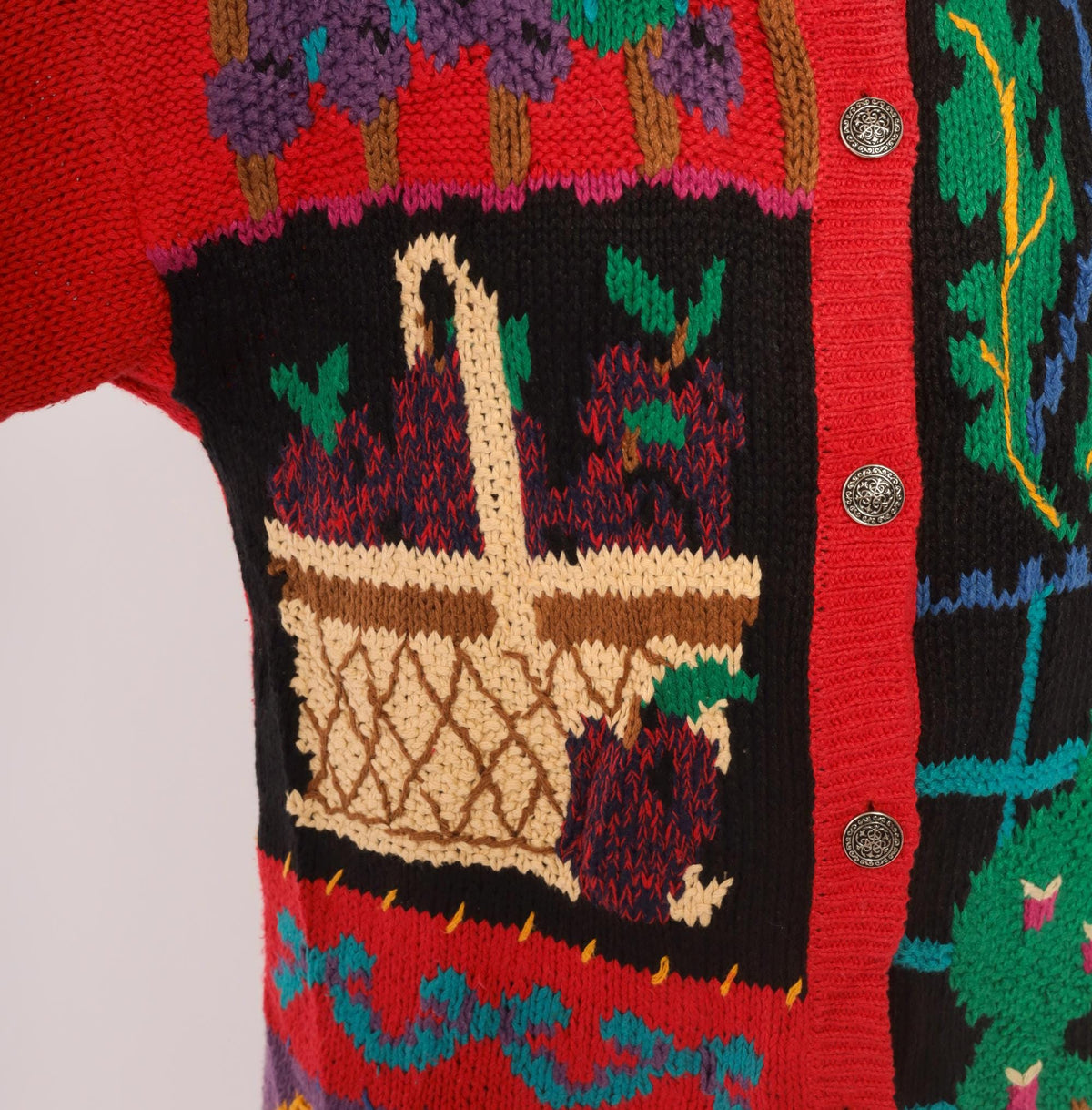 90s Hand Knit Cardigan Red Garden Scene Intarsia Floral Button Front Medium