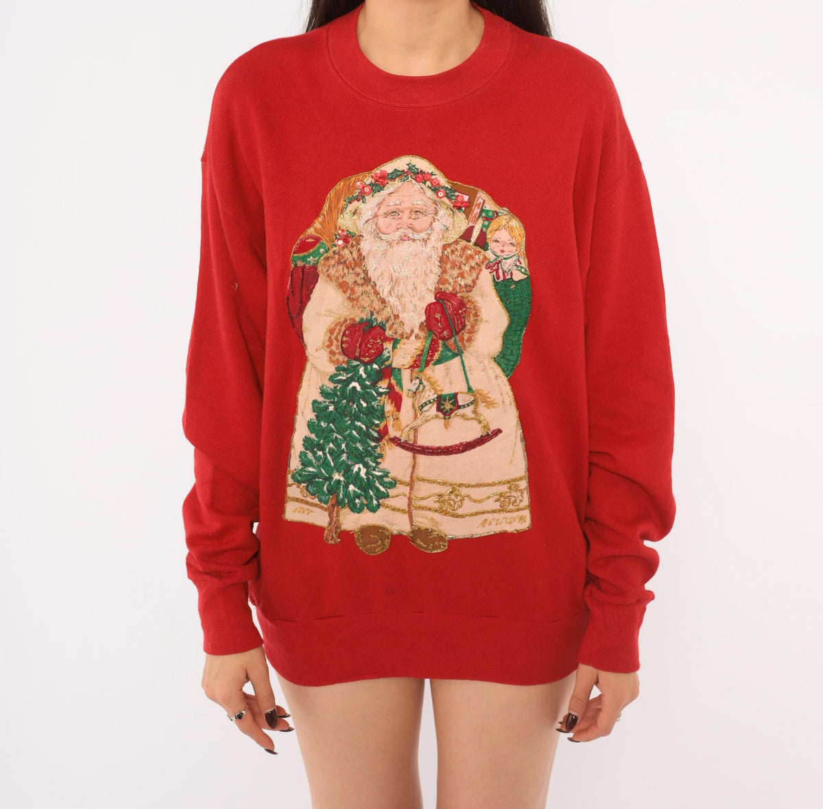 80s Santa Claus Christmas Sweatshirt Red Sequin Glitter Graphic Medium