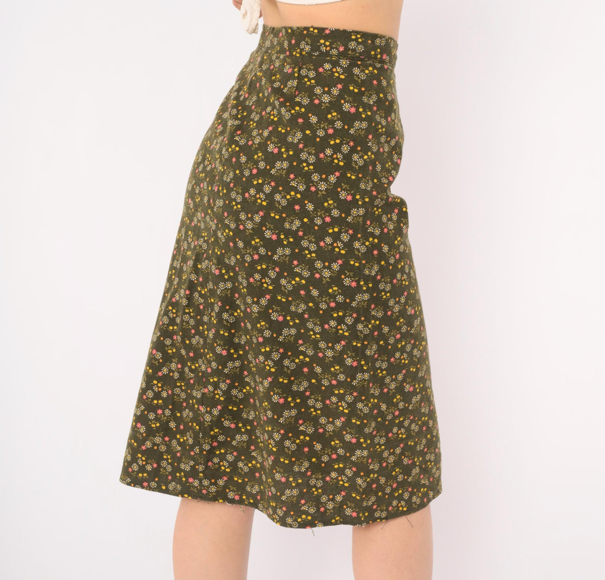 70s Olive Green Ditsy Floral A-Line Skirt High Waist Prairie Extra Small XS