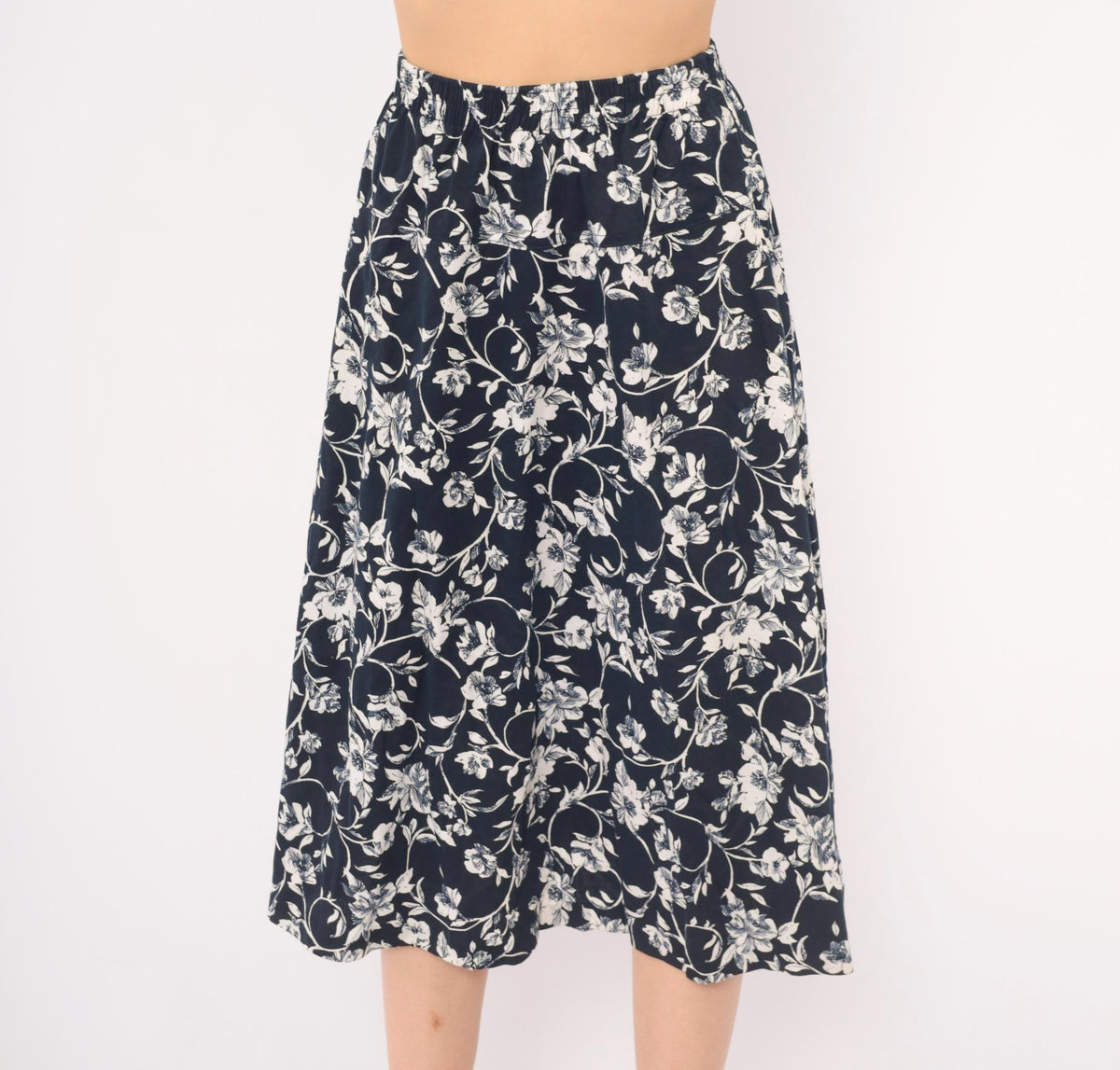 80s Season Ticket Navy Floral Midi Skirt White Flower Print Cotton Small