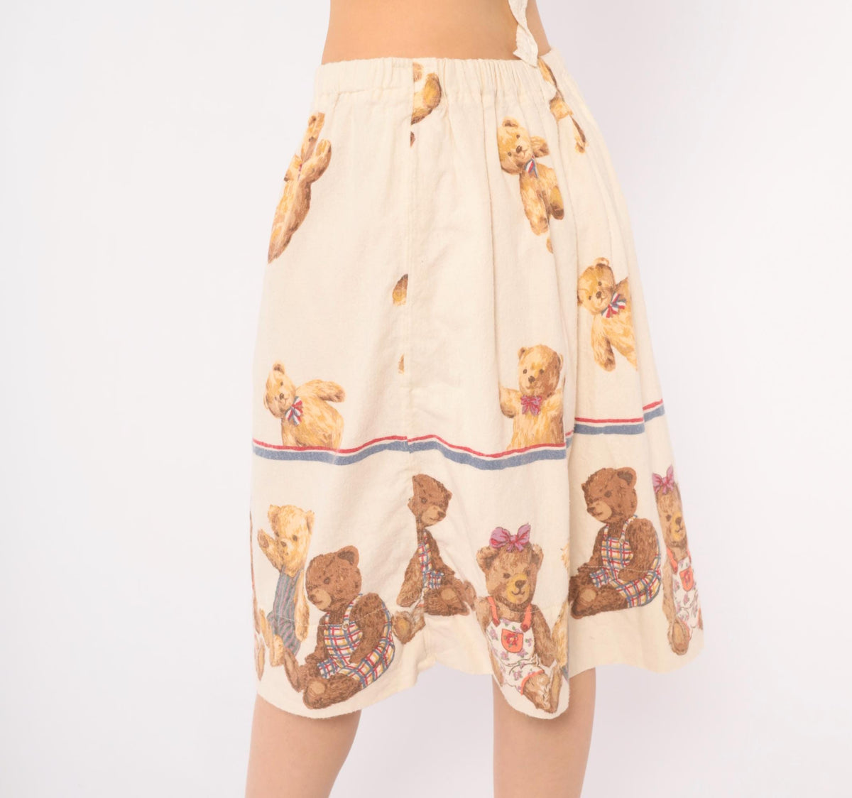 80s Teddy Bear Print Cotton Flannel Skirt Cream A-Line Medium