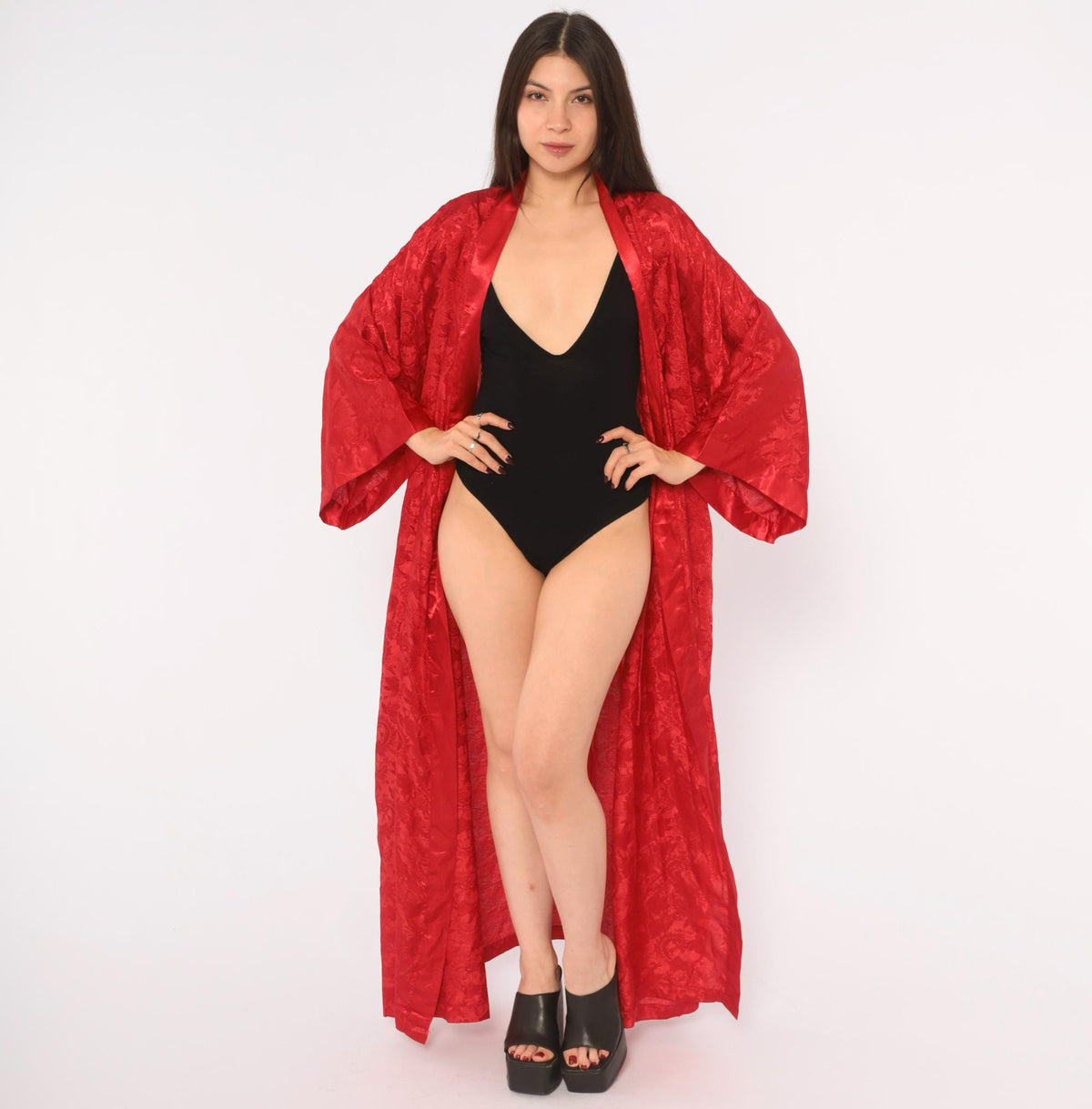90s Contessa Di Roma Red Satin Robe Floral Jacquard Maxi Wrap Plus Size XXL