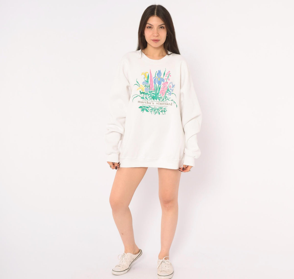 90s Lee Martha's Vineyard Floral Sweatshirt White Wildflower Graphic Large