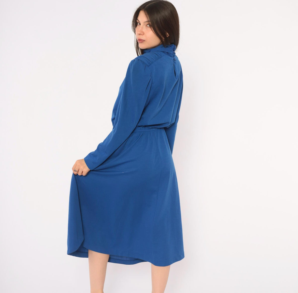 80s Cobalt Midi Dress Puff Shoulder Mock Neck A-Line Pockets Royal Blue Medium M