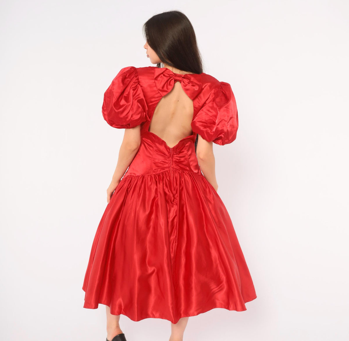 80s Red Prom Dress Sweetheart Neckline Puff Sleeve Open Back Midi Medium