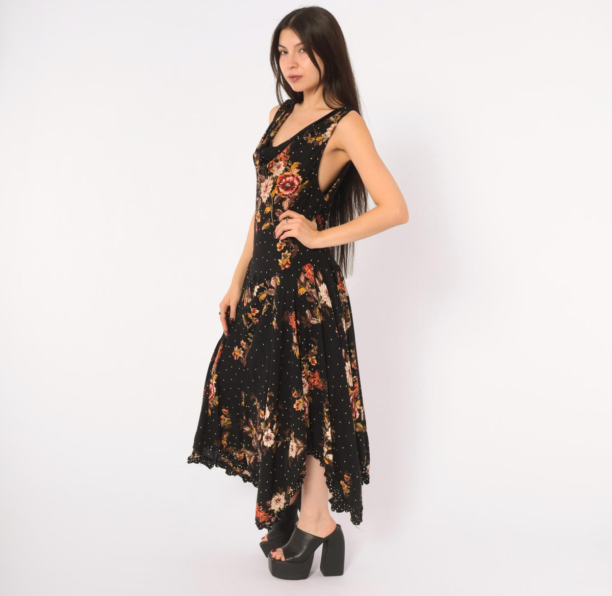 90s Black Floral Midi Dress Cowl Neck Handkerchief Hem Medium M