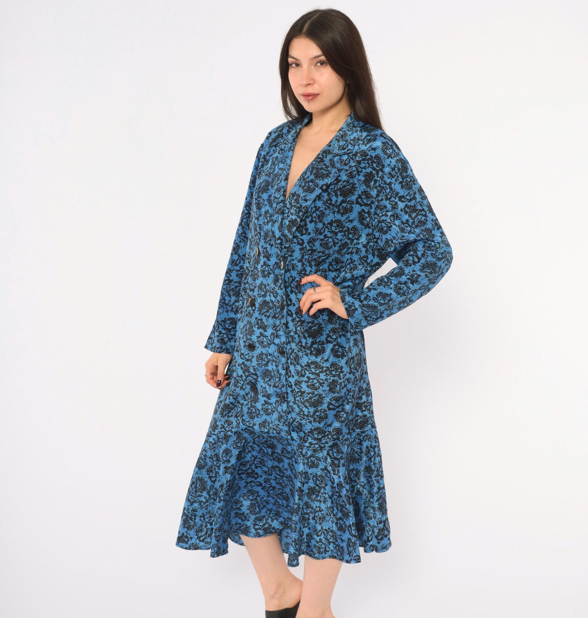 80s Très Paquette Blue Floral Midi Dress Double Breasted V Neck Extra Large