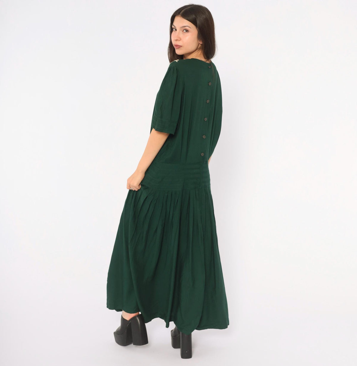 90s Plaza South Forest Green Maxi Dress Embroidered Floral Drop Waist Extra Large