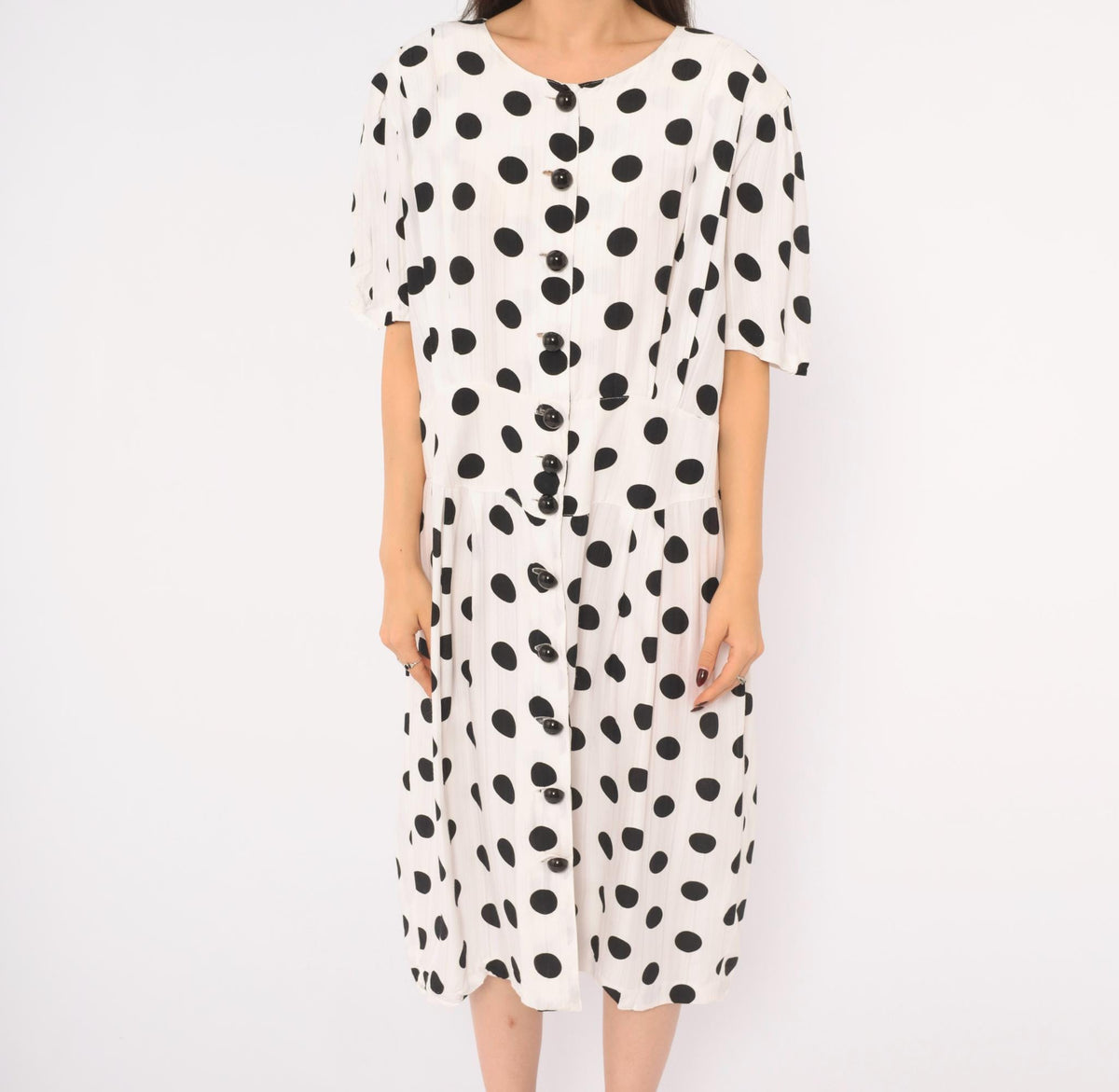 90s Success Dress Polka Dot White Black Button Front Knee Dress Extra Large