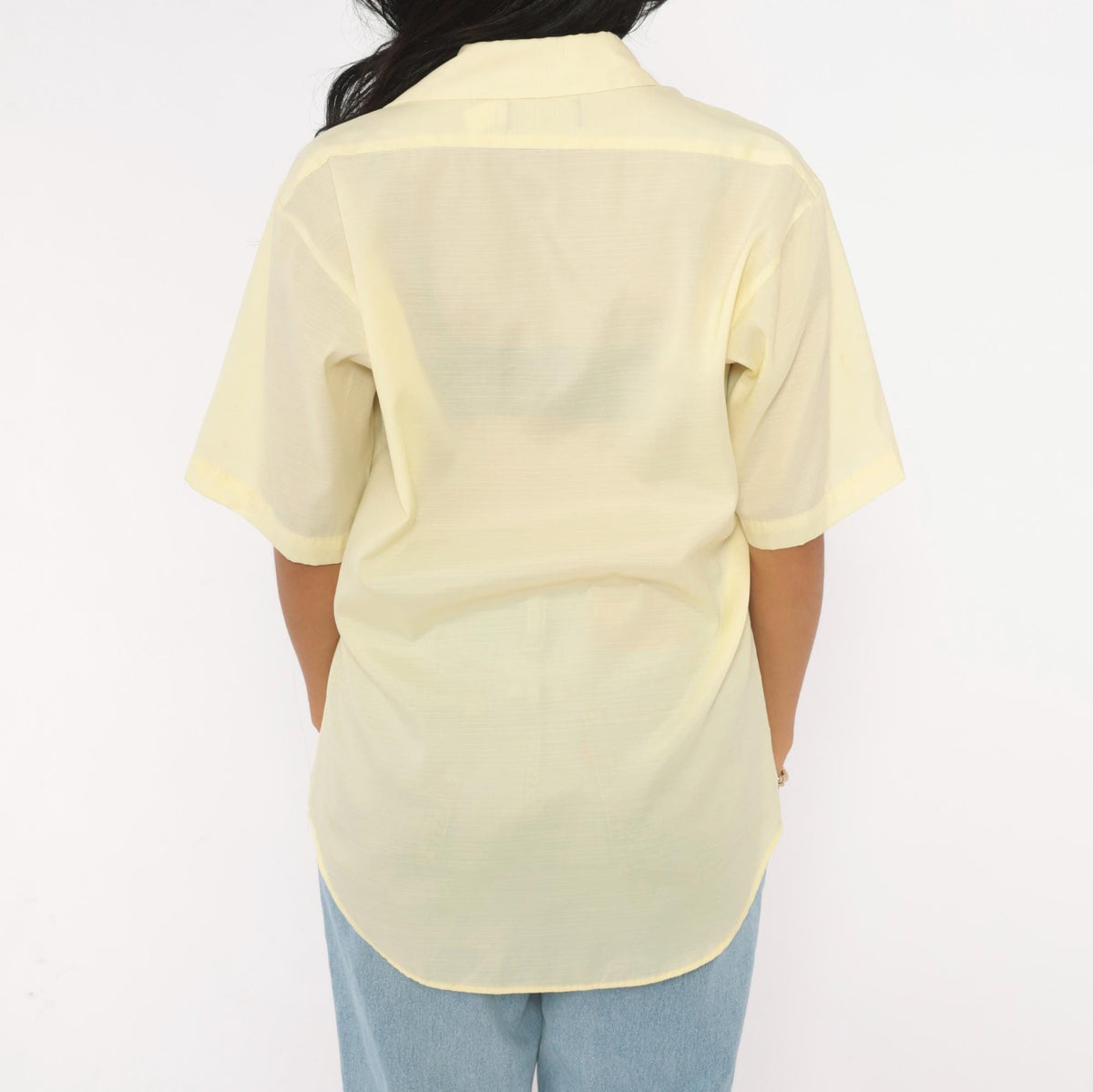 70s Dress-ups Yellow Button Up Shirt Semi Sheer Short Sleeve Pointed Collar Medium