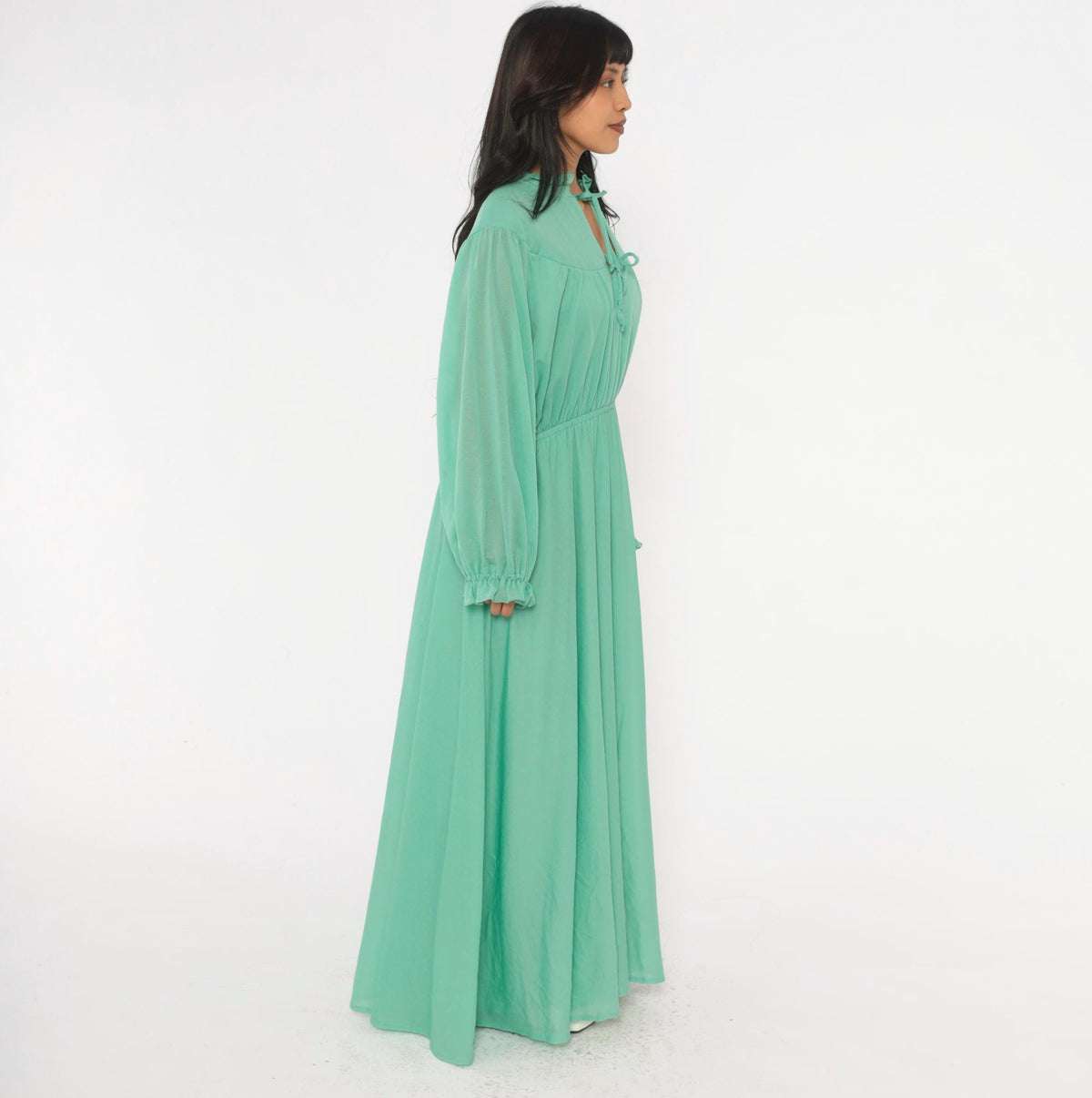 70s Sea Green Maxi Dress Balloon Sleeve Keyhole A-Line Extra Large