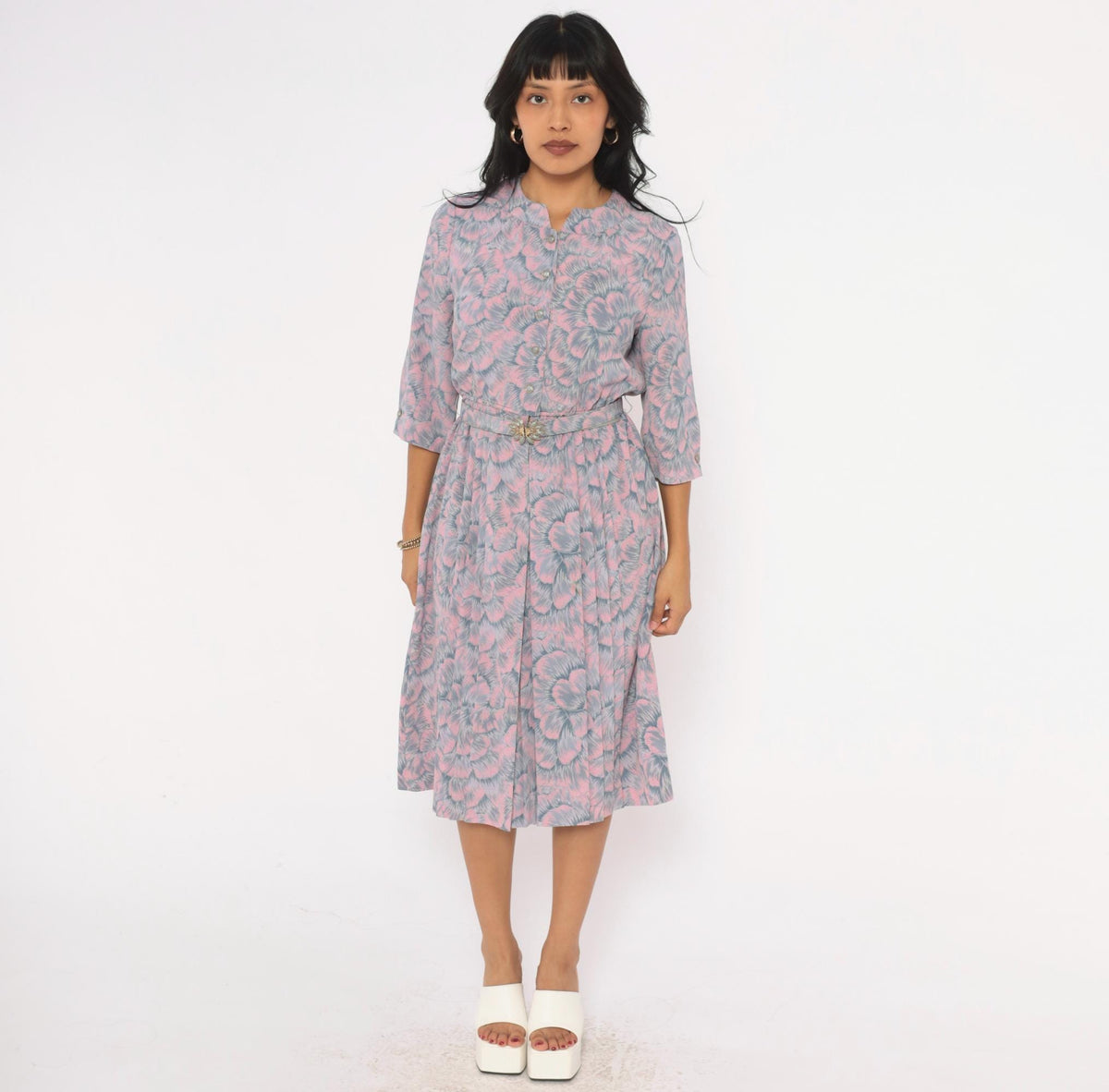 80s Silver Fashion Pink Grey Floral Blouson Dress Button Front Pleated Small S