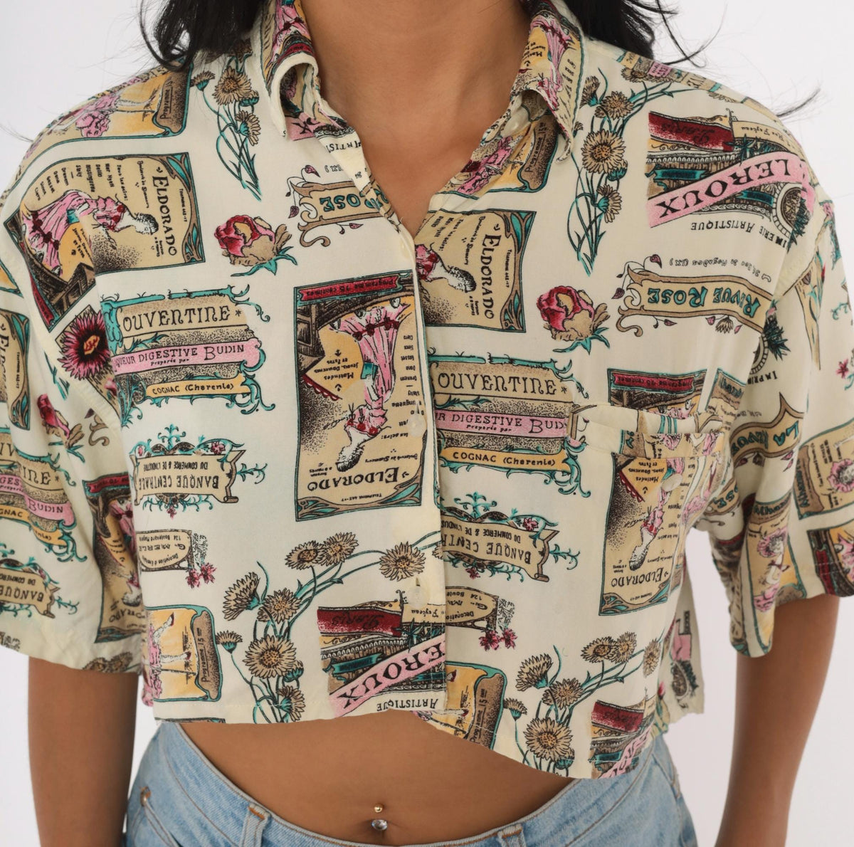 90s Jaspe Crop Top Beige Floral Poster Print Button Front Blouse Medium