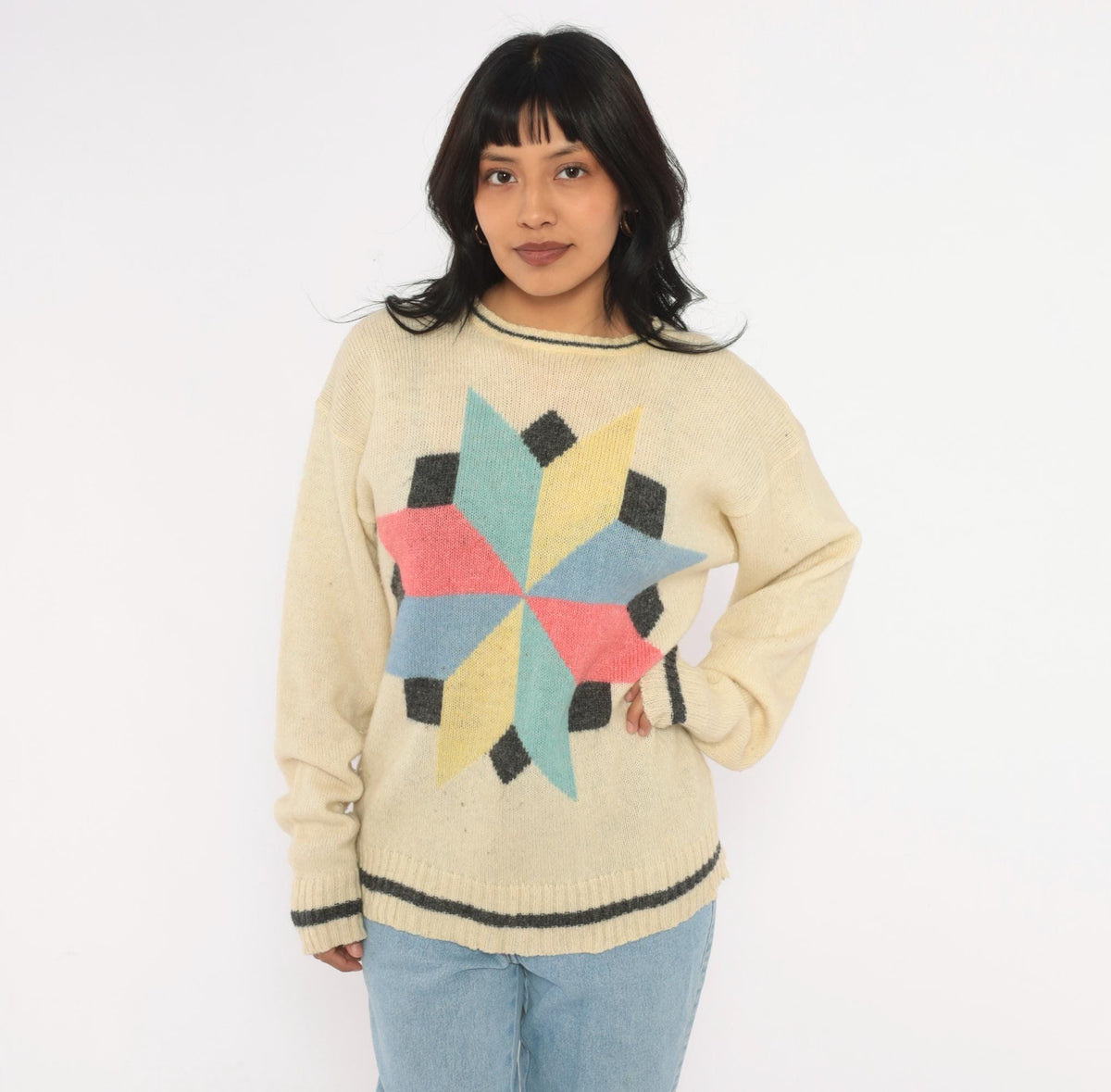 80s Cream Wool Sweater Geometric Star Pattern Knit Pink Blue Yellow Large L