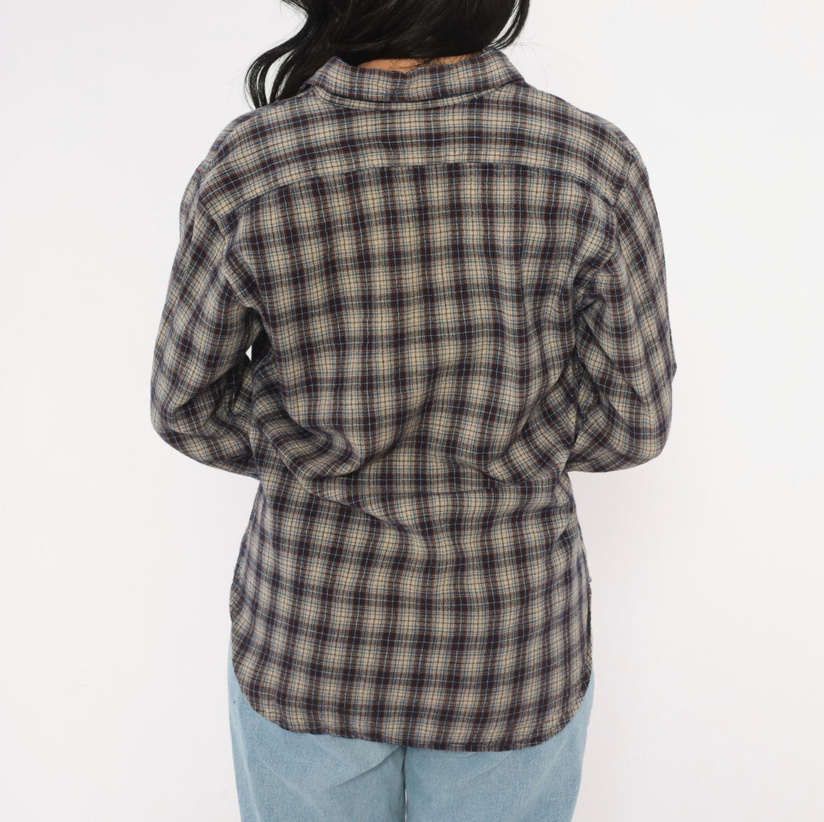 60s Sir Pendleton Wool Plaid Shirt Navy Brown Check Button Front Small