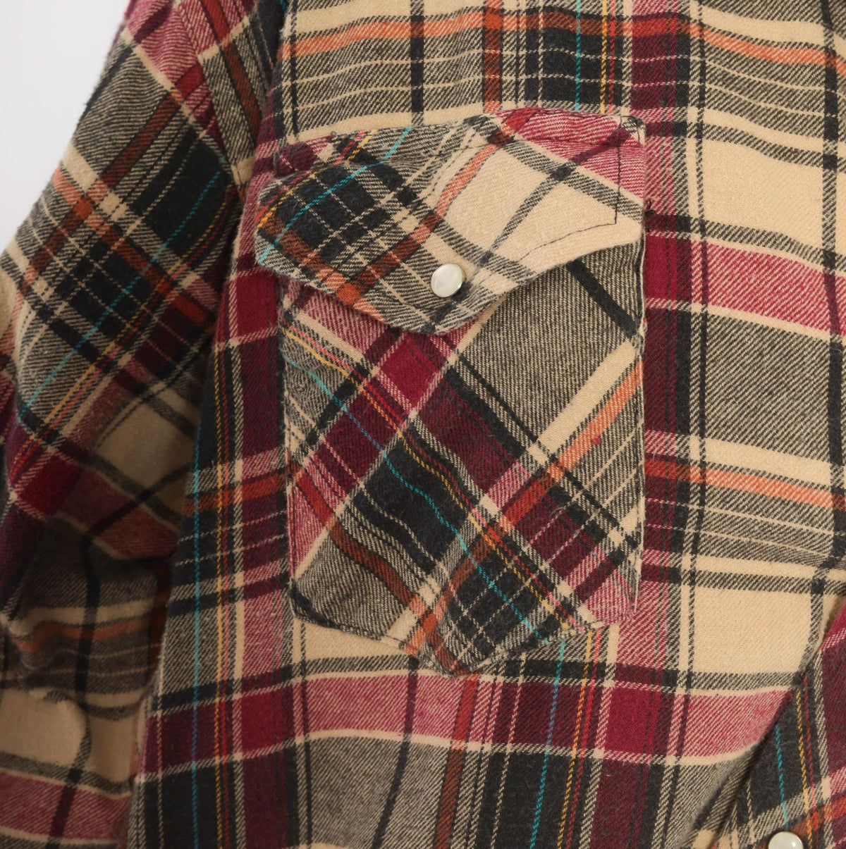 90s Plaid Flannel Shirt Tan Burgundy Pearl Snap Western Yoke Extra Large XXL