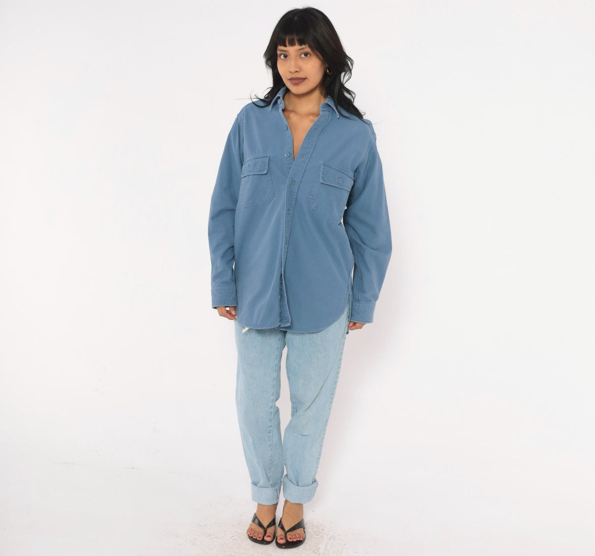 90s L.L.Bean Slate Blue Cotton Work Shirt Chest Pocket Collared Medium