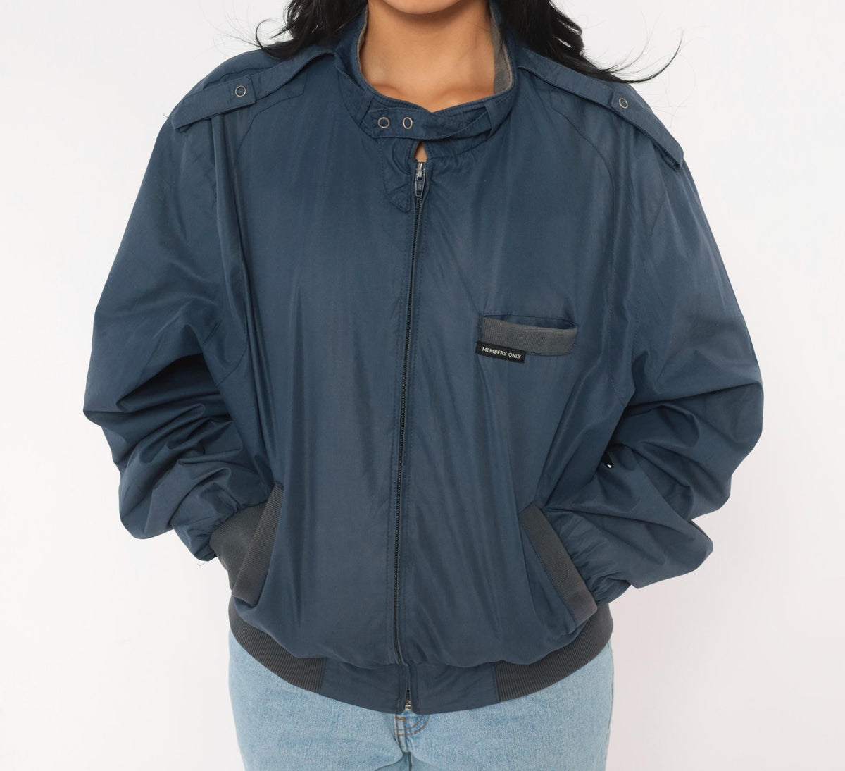 80s Members Only Bomber Jacket Navy Blue Snap Collar Grey Ribbed Trim Medium