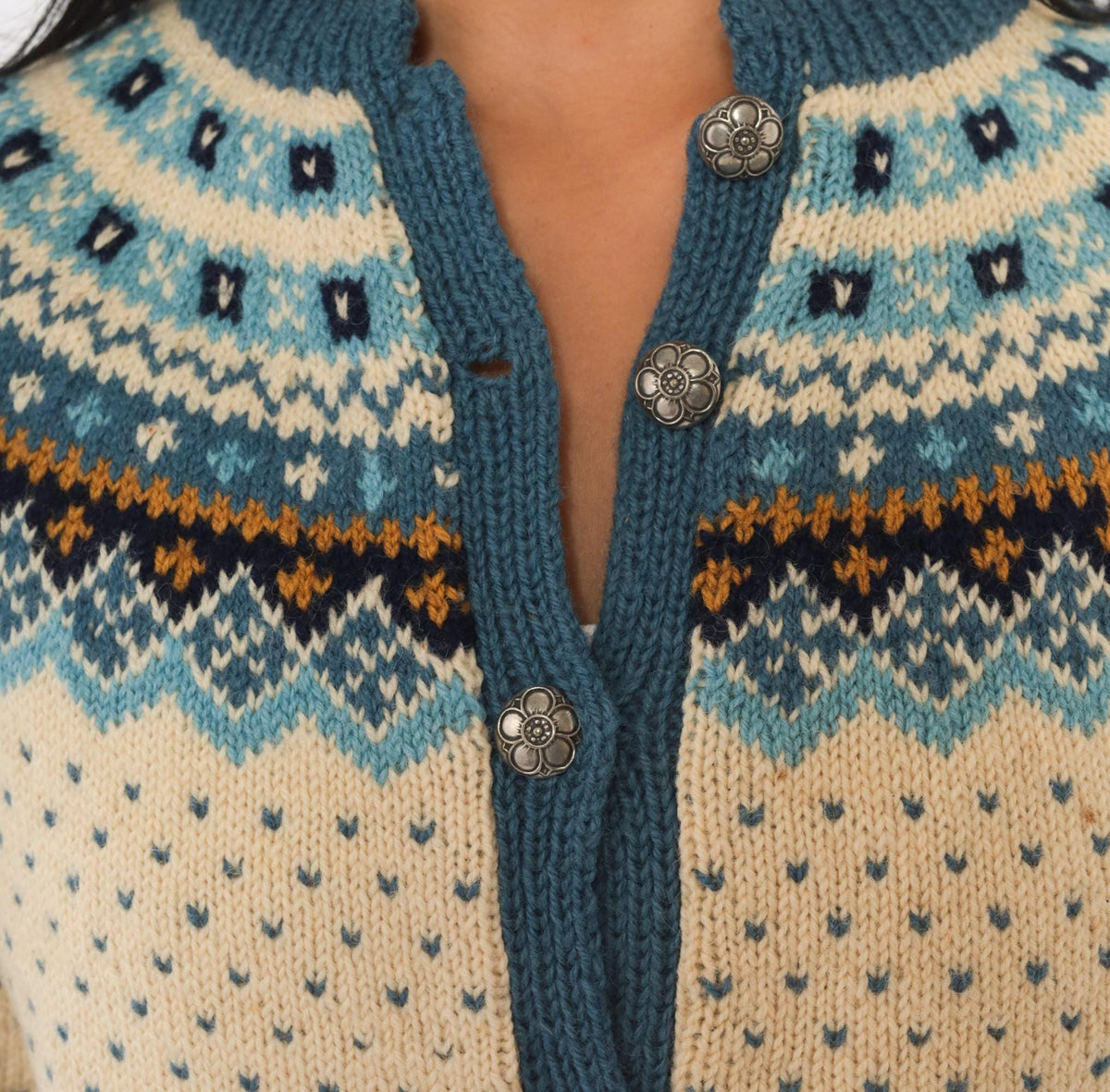 70s Norsk Husflid Fair Isle Wool Cardigan Blue Cream Nordic Knit Small
