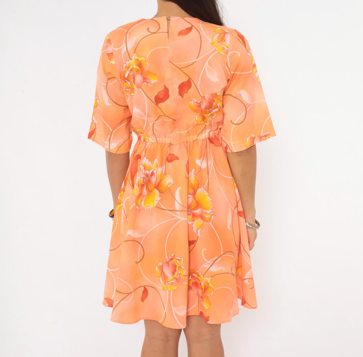 90s Orange Floral Knee-Length Dress V-Neck Button Front A-Line Medium M
