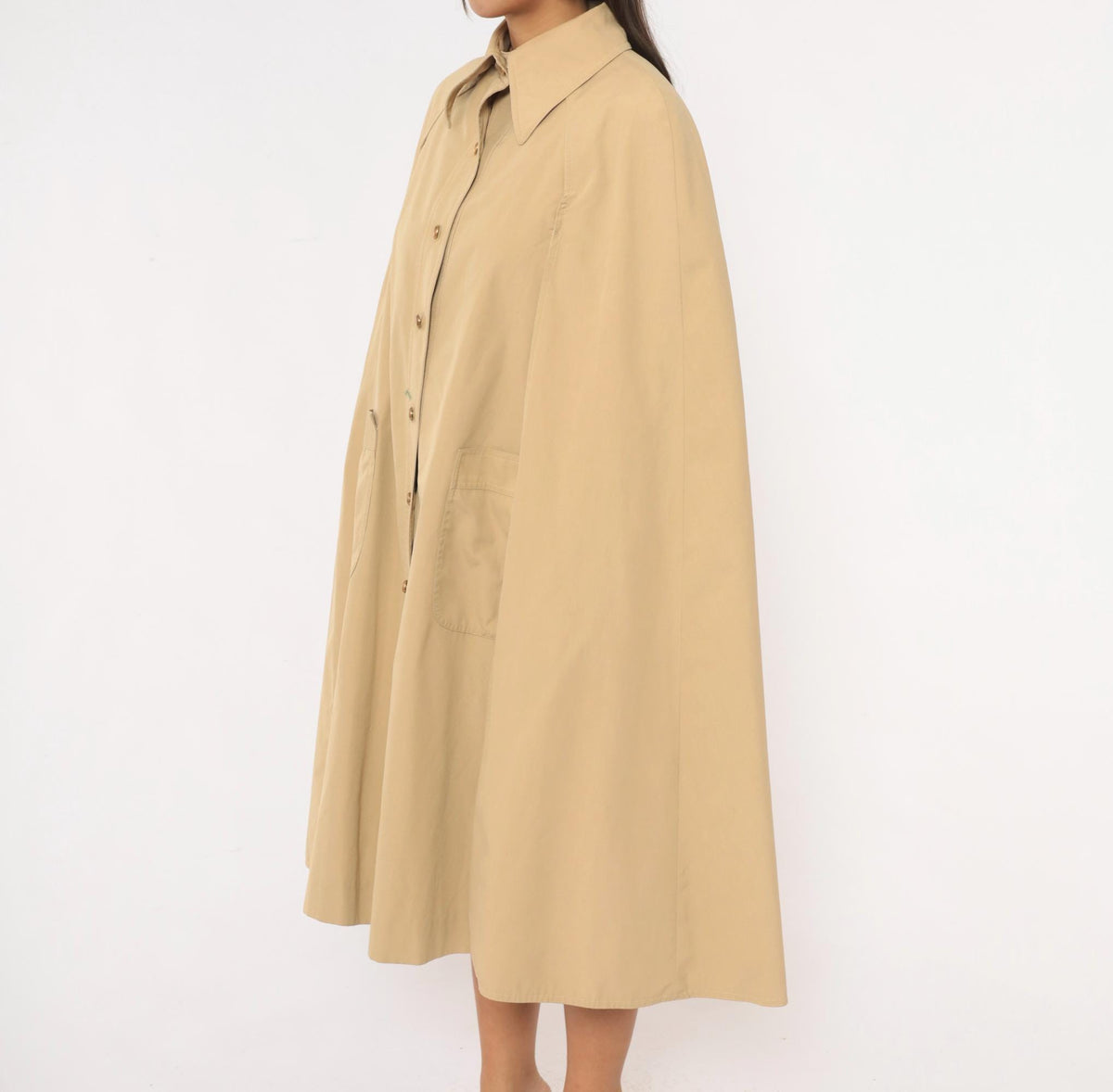 70s Billina Sport Beige Cape Coat Knee Length Pointed Collar Medium