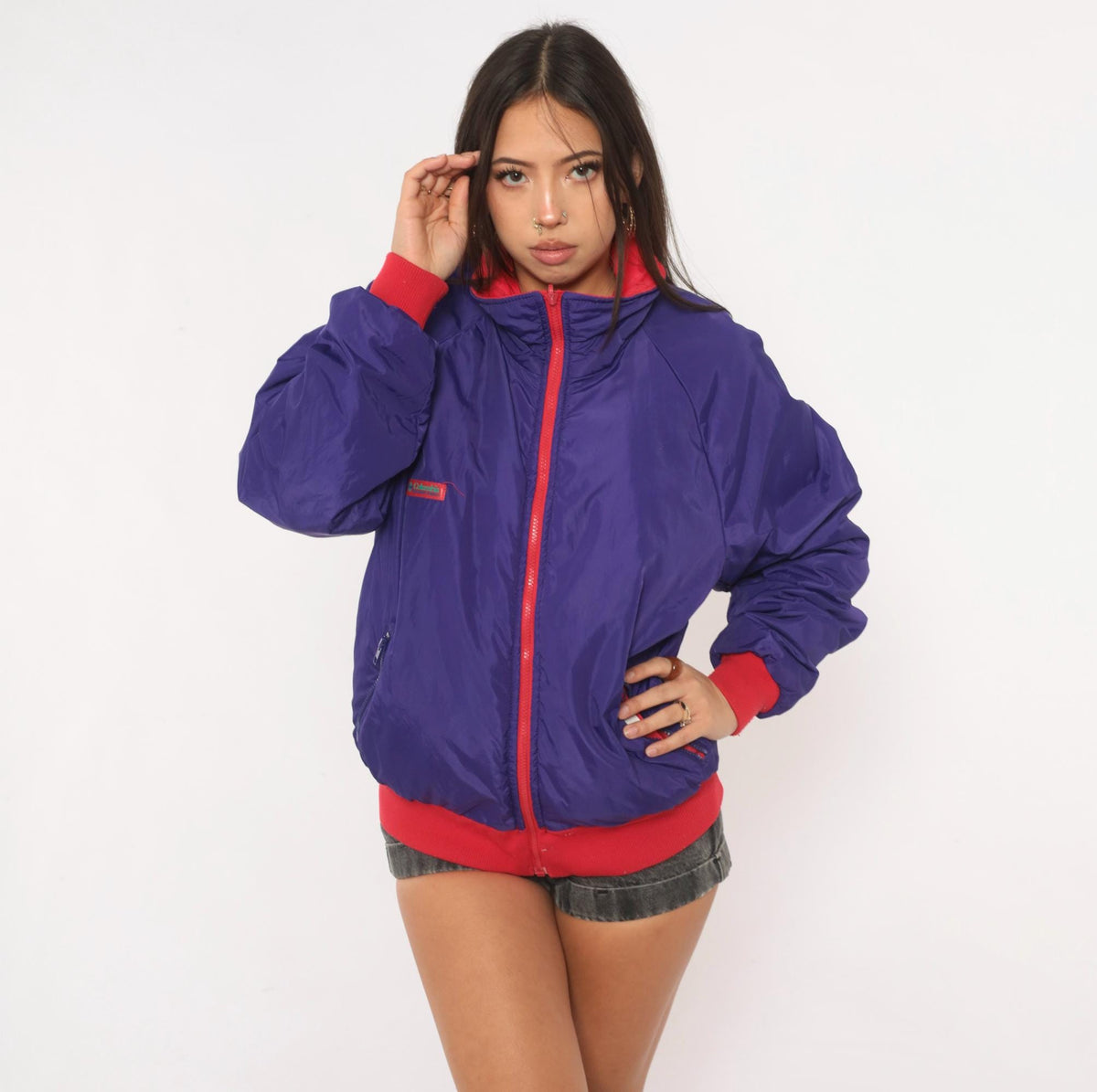 90s Columbia Reversible Bomber Jacket Red Purple Color Block Medium