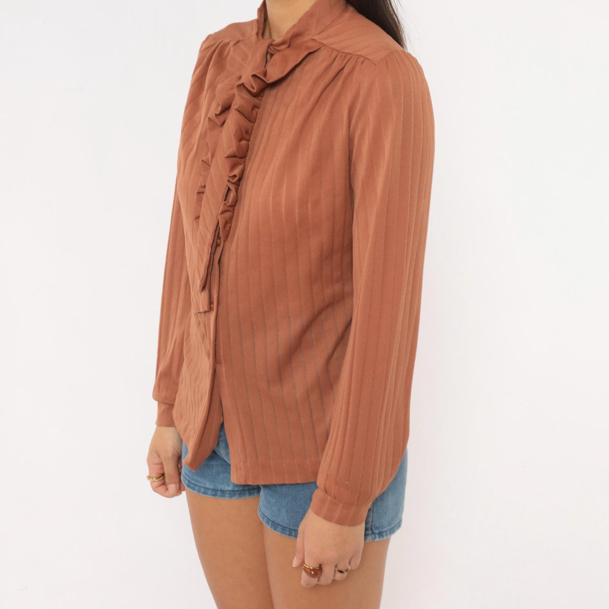 70s Graff Tan Ruffle Jabot Blouse Mock Neck Pleated Semi-Sheer Medium