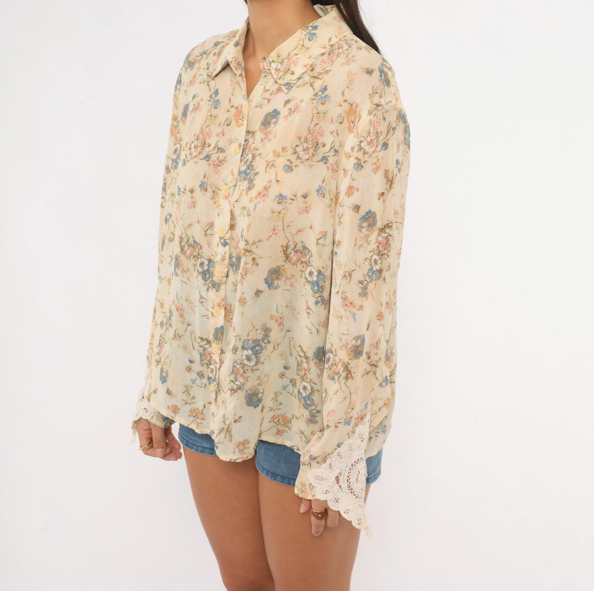 90s Clio Floral Blouse Beige Rayon Semi-Sheer Lace Cuff Medium M
