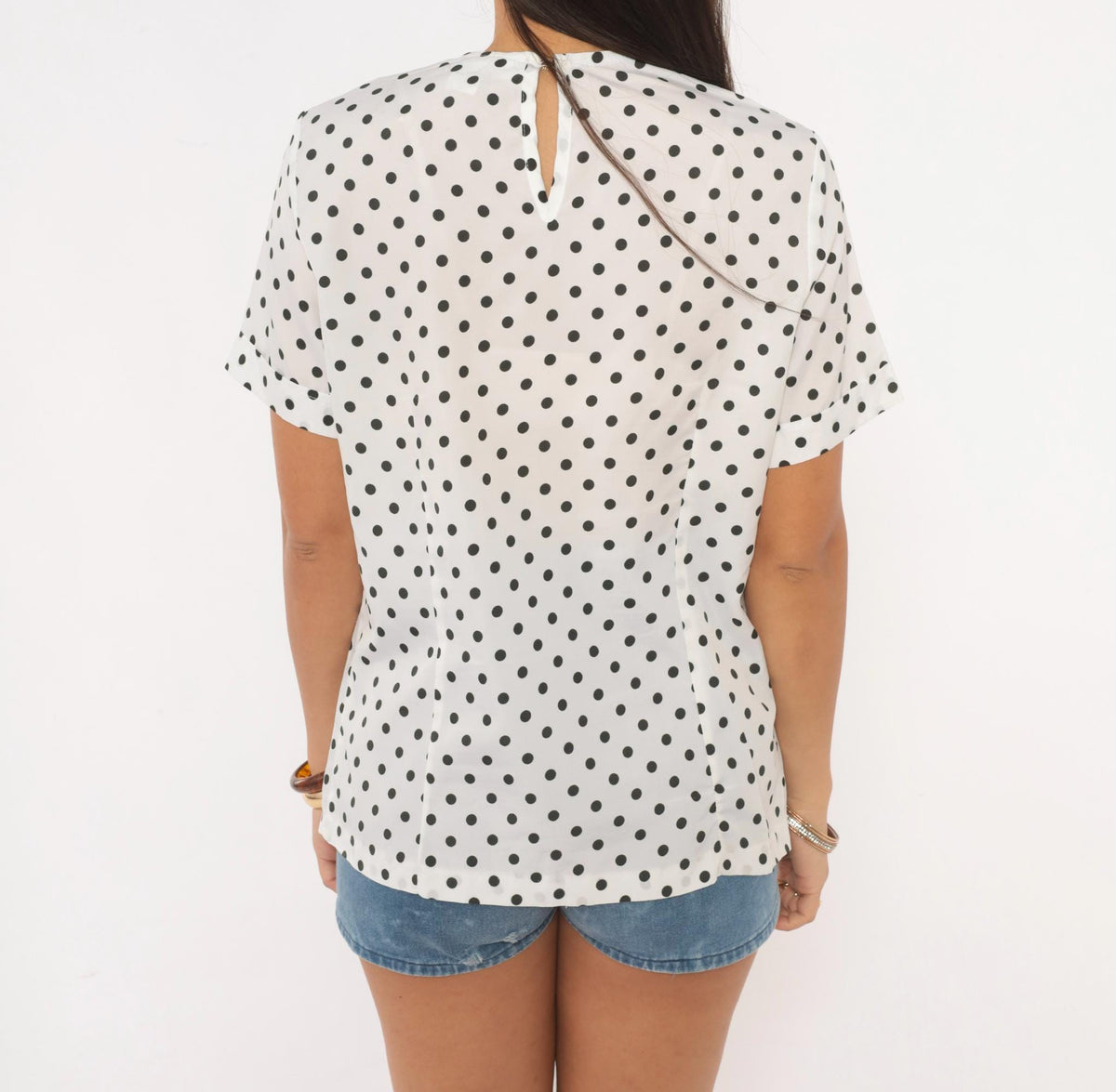 70s Sears Polka Dot Blouse White Black Bow Tie Collar Keyhole Back Medium