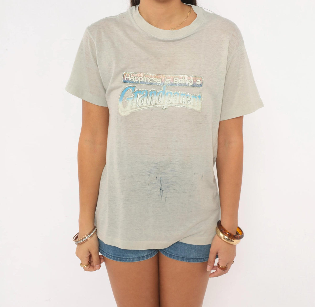 80s Grandparent Graphic Tee Grey Glitter Puff Print Cotton Small