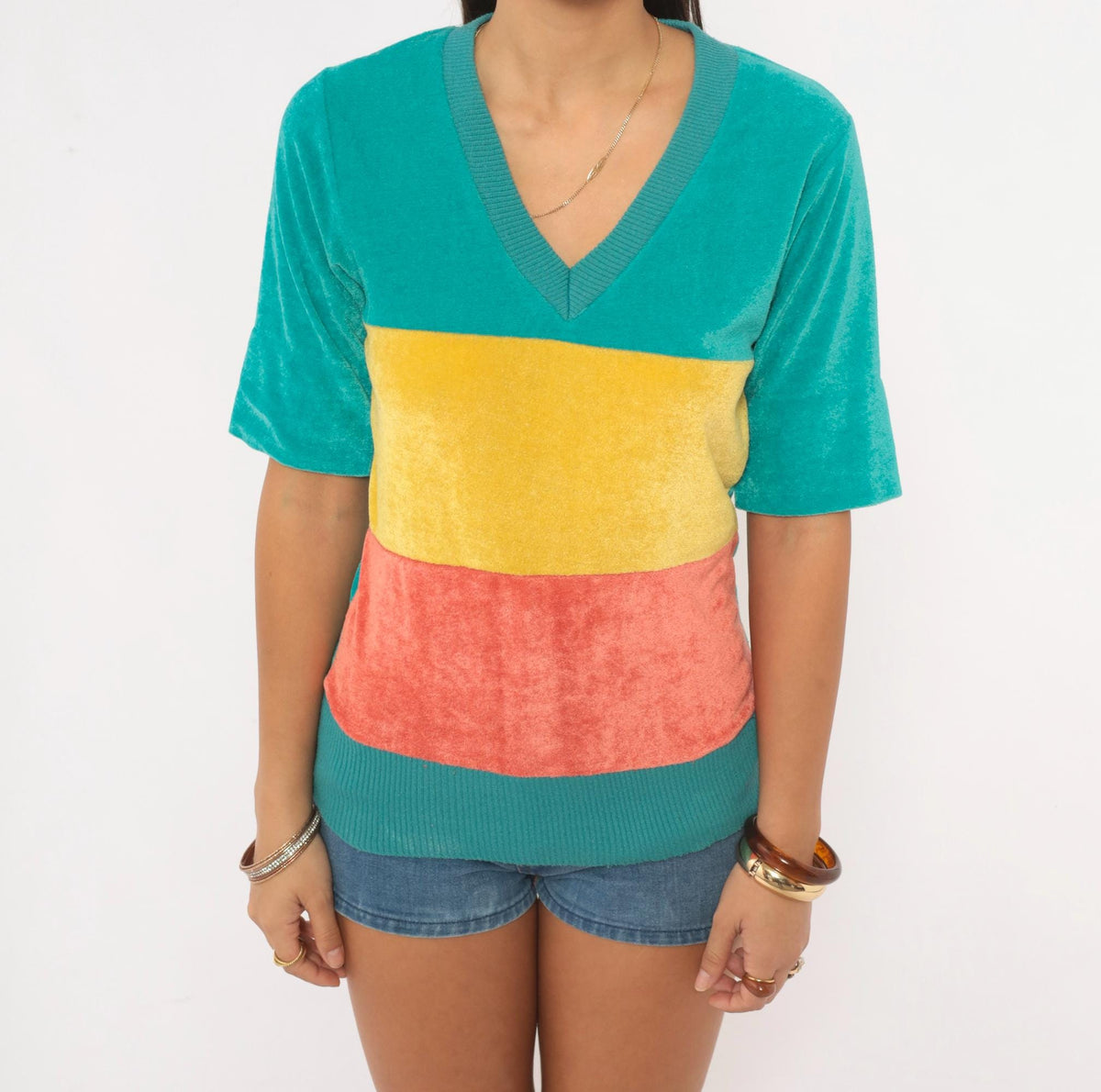 80s Velour Color Block V-Neck Pullover Teal Yellow Coral Medium