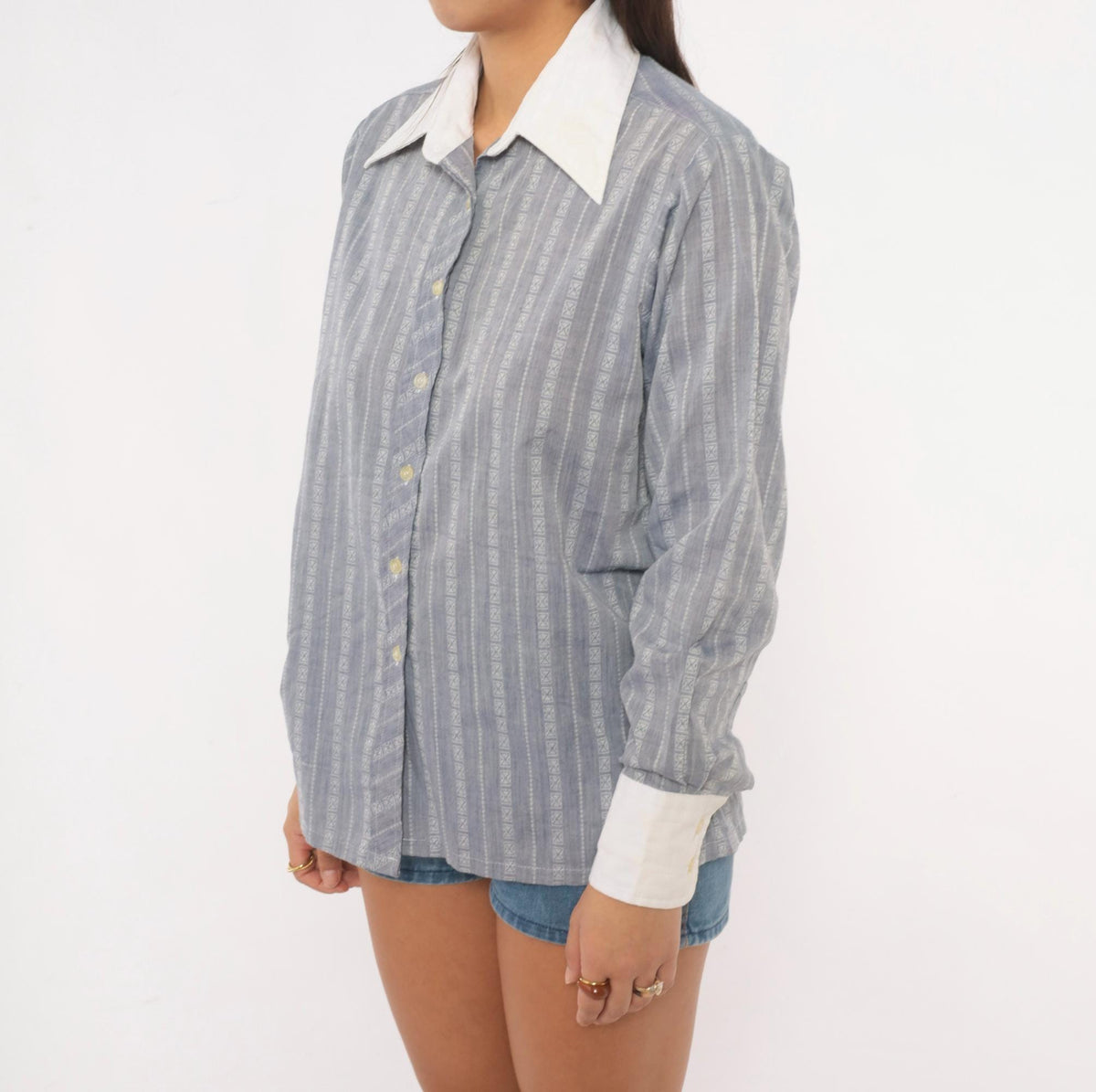70s Balore Grey Striped Button Up Shirt Contrast Collar Medium