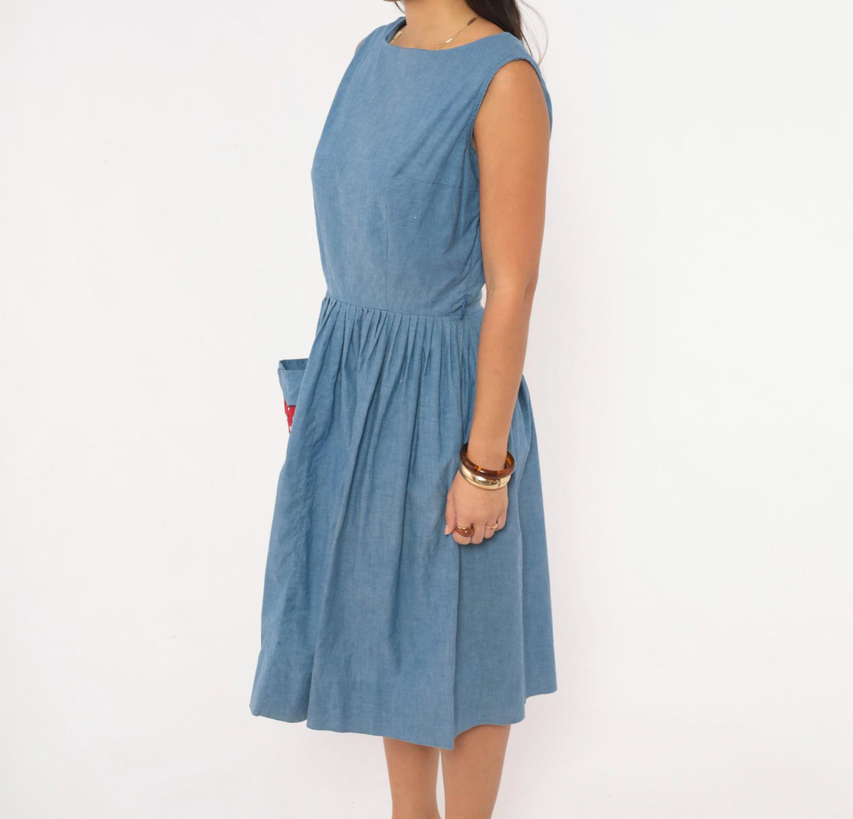 60s Blue Chambray Dress Cat Applique Boat Neck Below Knee Small