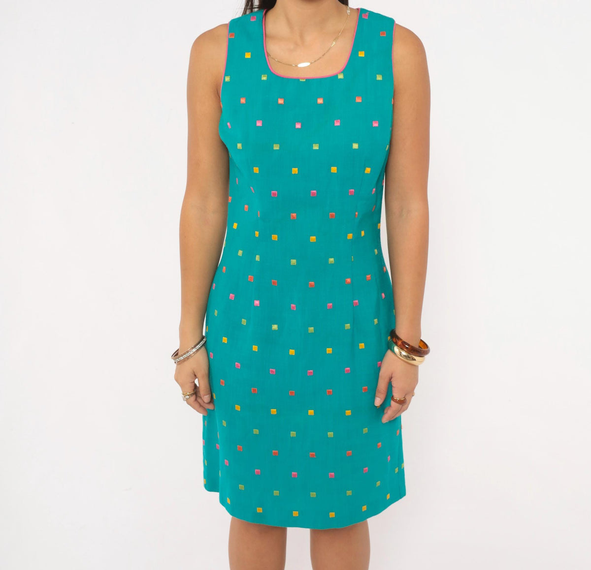 90s First Focus Teal Shift Dress Embroidered Geometric Scoop Neck Small