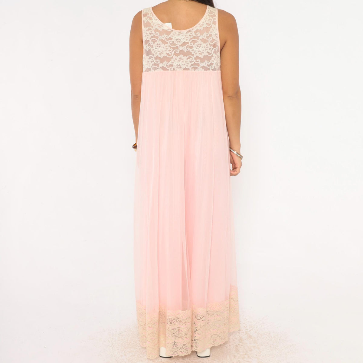 80s Blush Pink Maxi Nightgown Ivory Lace Yoke Scoop Neck Medium