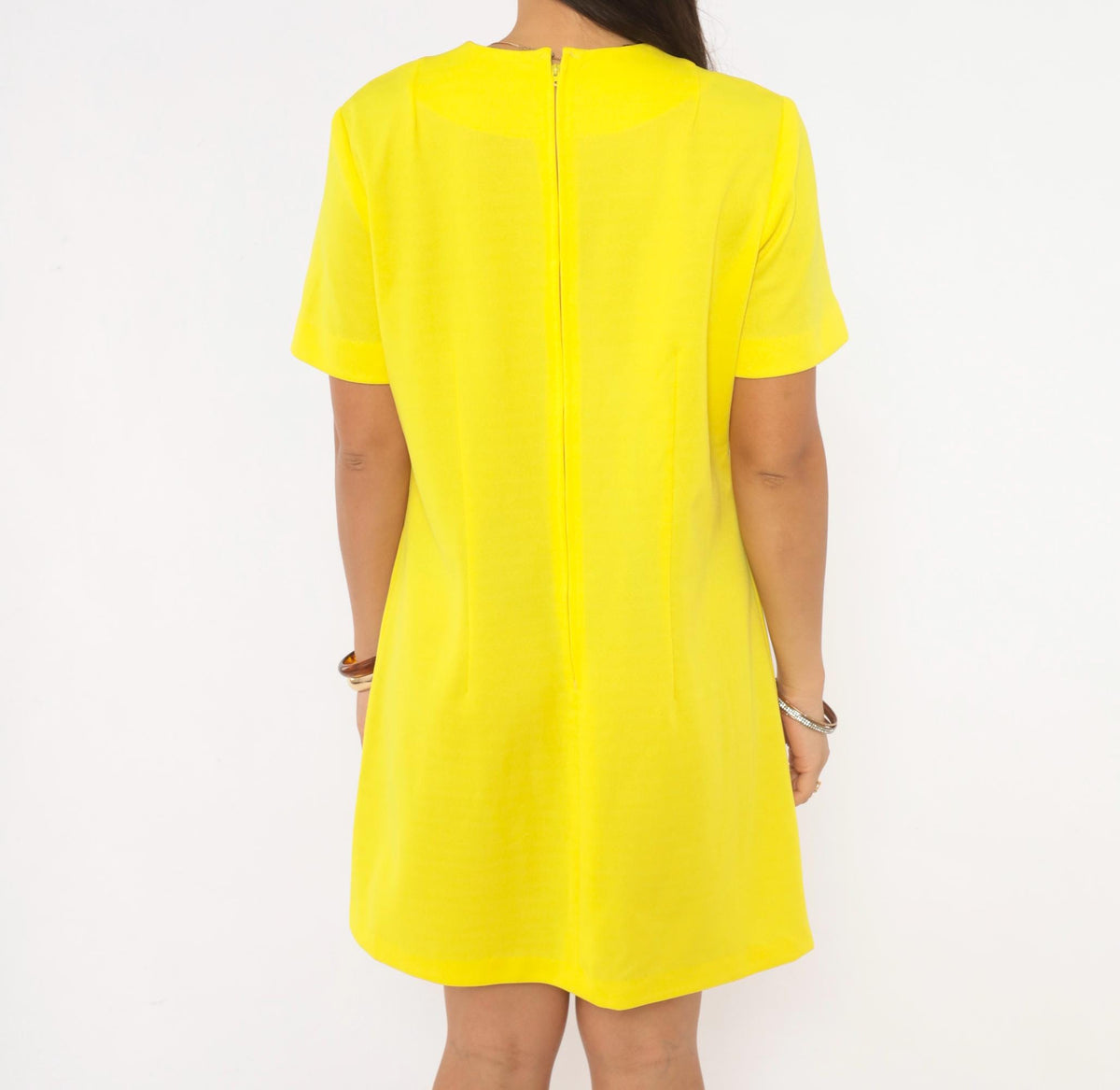 60s Nelly Don Yellow Shift Dress Mod Geometric Topstitch A-Line Large L