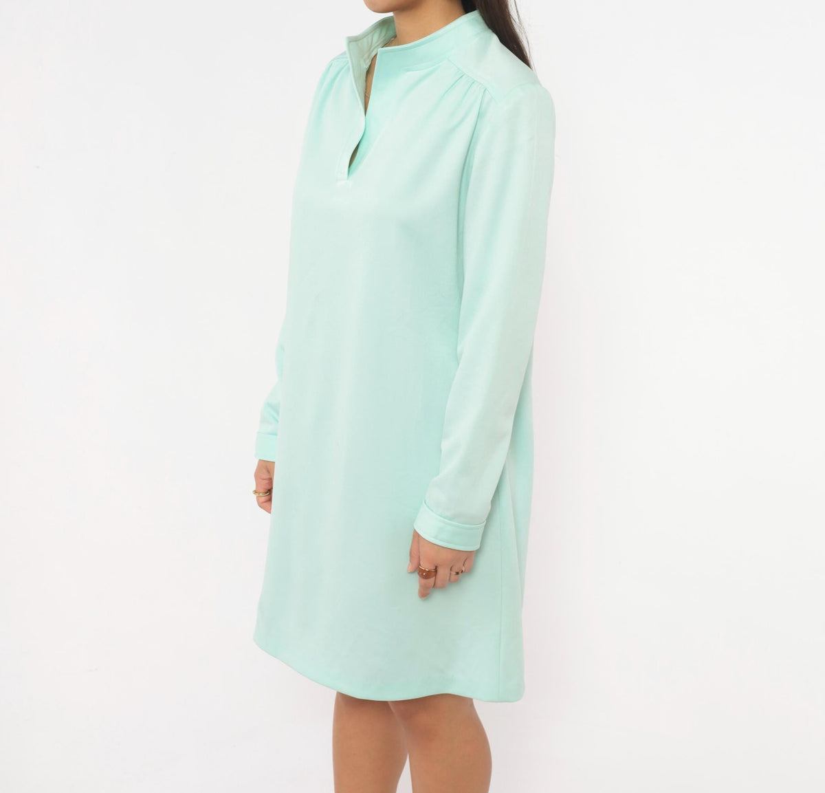 70s Sunshine Alley Mint Green Shift Dress Mandarin Collar Knee-Length Large L
