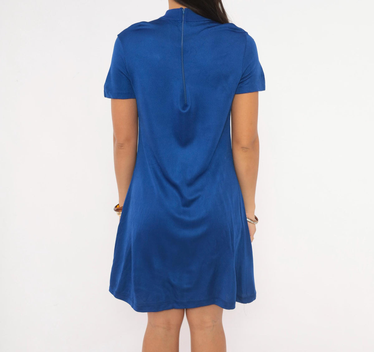70s Robbie Rivers Bee Embroidered Shift Dress Mock Neck Royal Blue Small