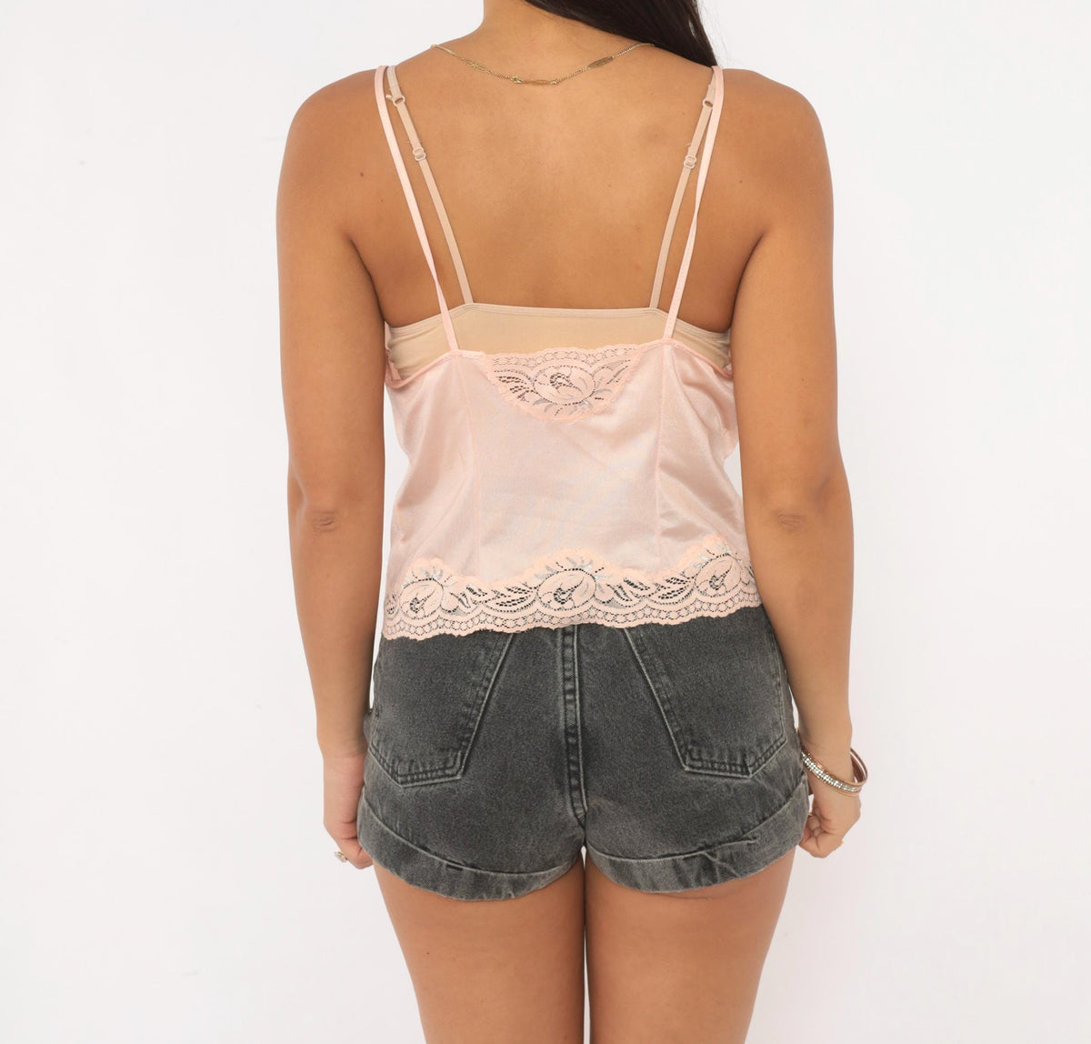 90s Blush Pink Satin Camisole Scalloped Lace V-Neck Cami Tank Small S