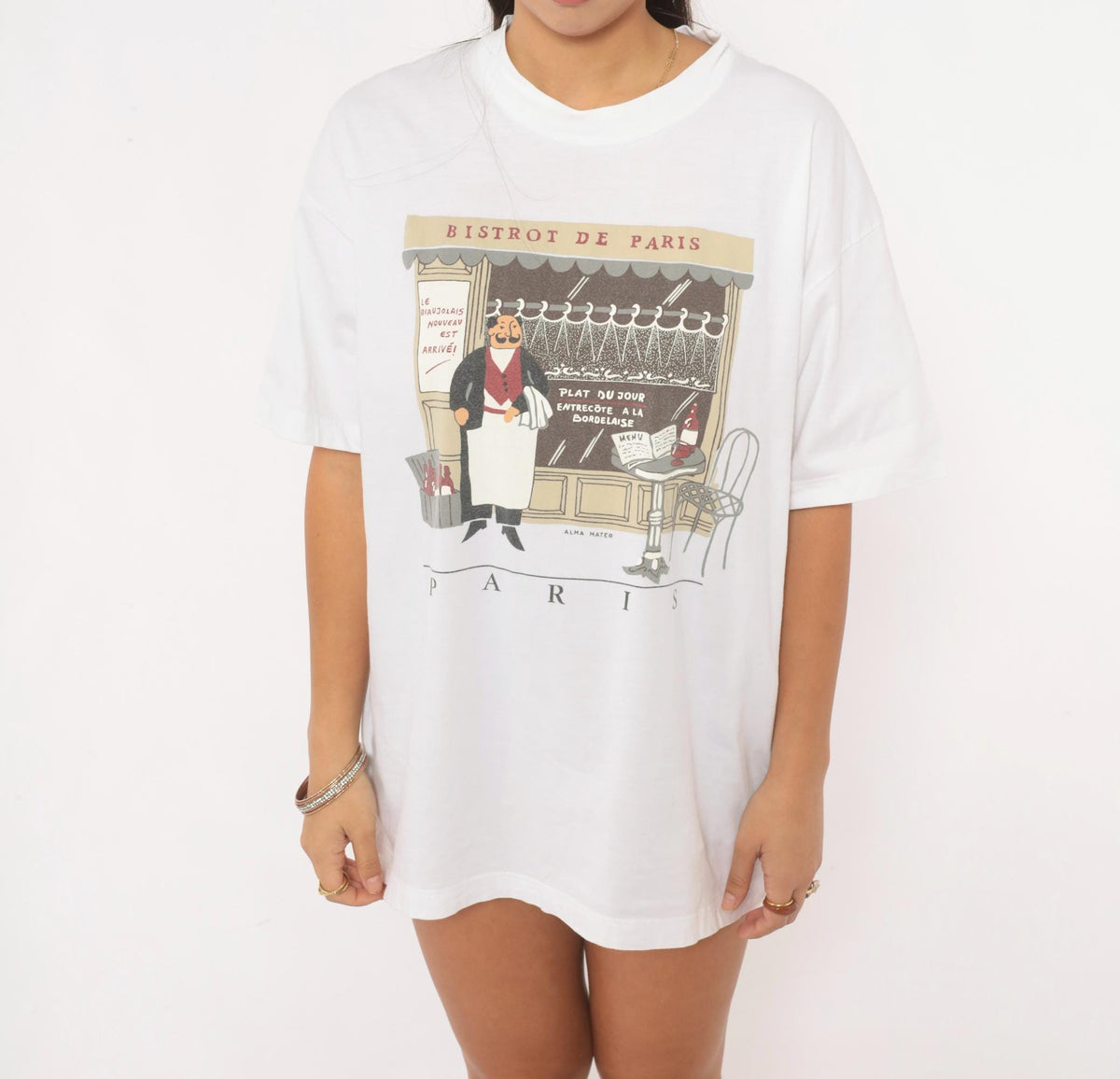 Y2K Alma Mater Paris Bistro Graphic Tee White Cotton Crew Neck Large L