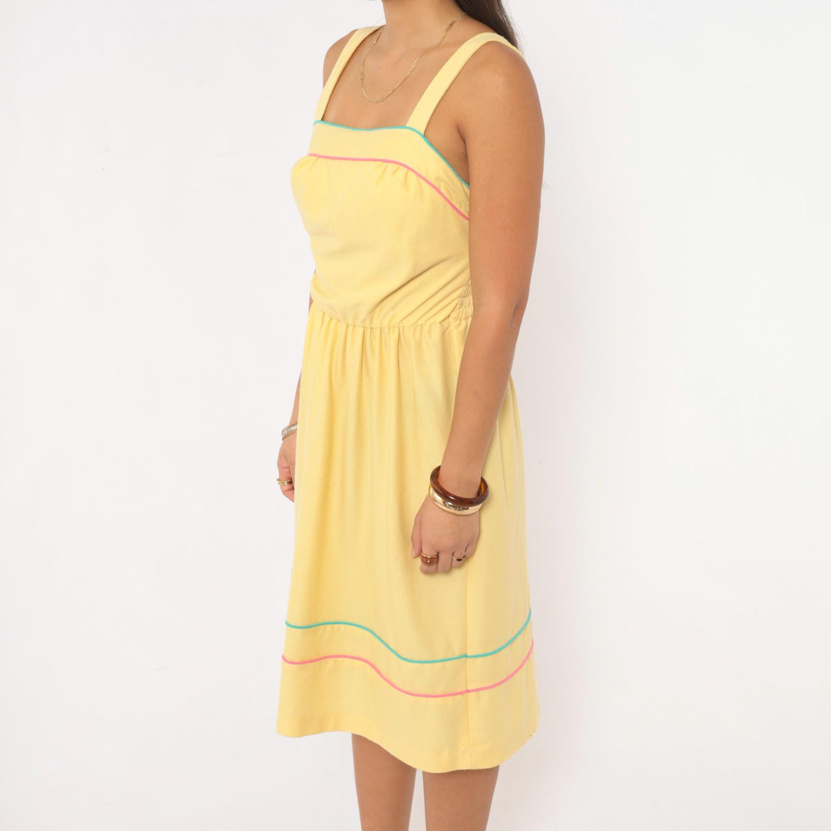 80s Yellow Sundress Mr. Joe Square Neck Teal Pink Piping Medium